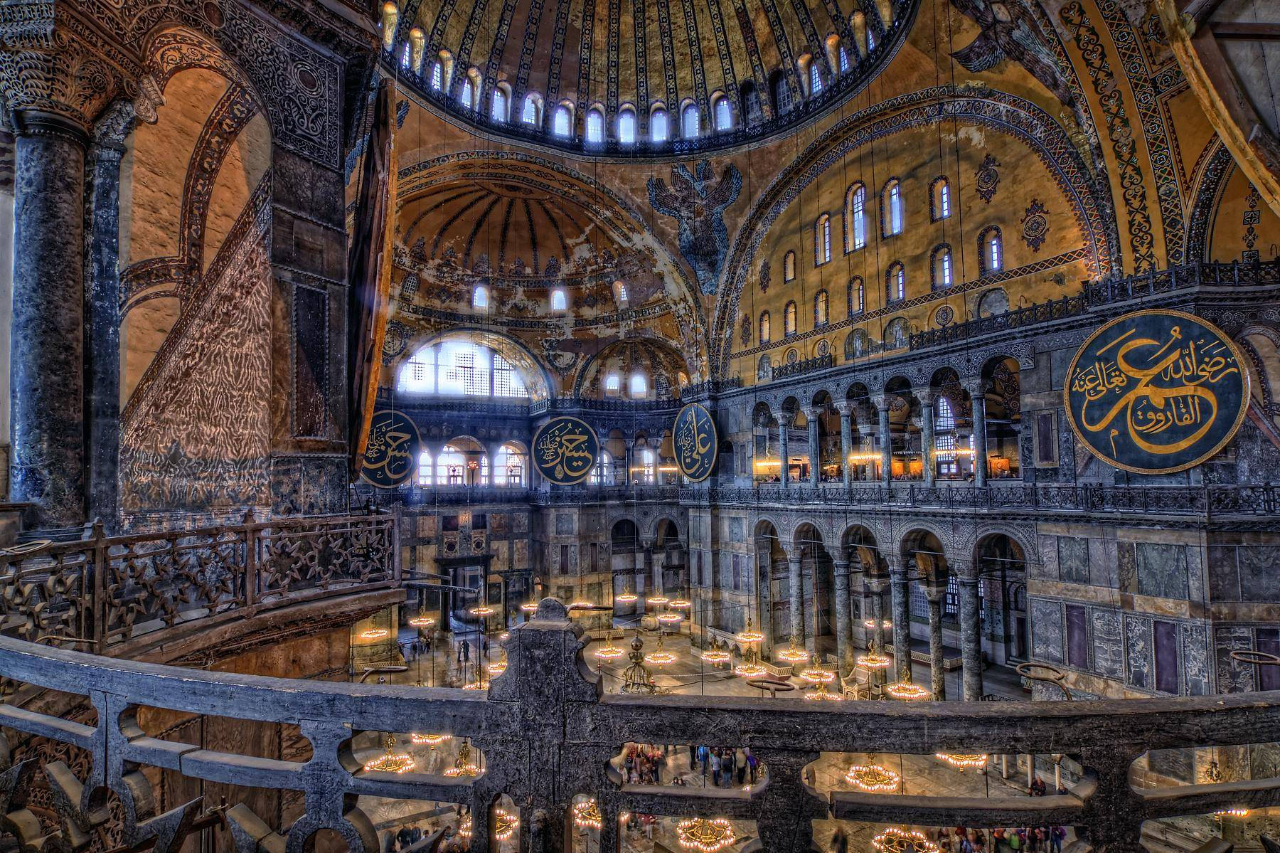 Hagia Sophia, golden mosaics, marble columns, HD Desktop Wallpaper