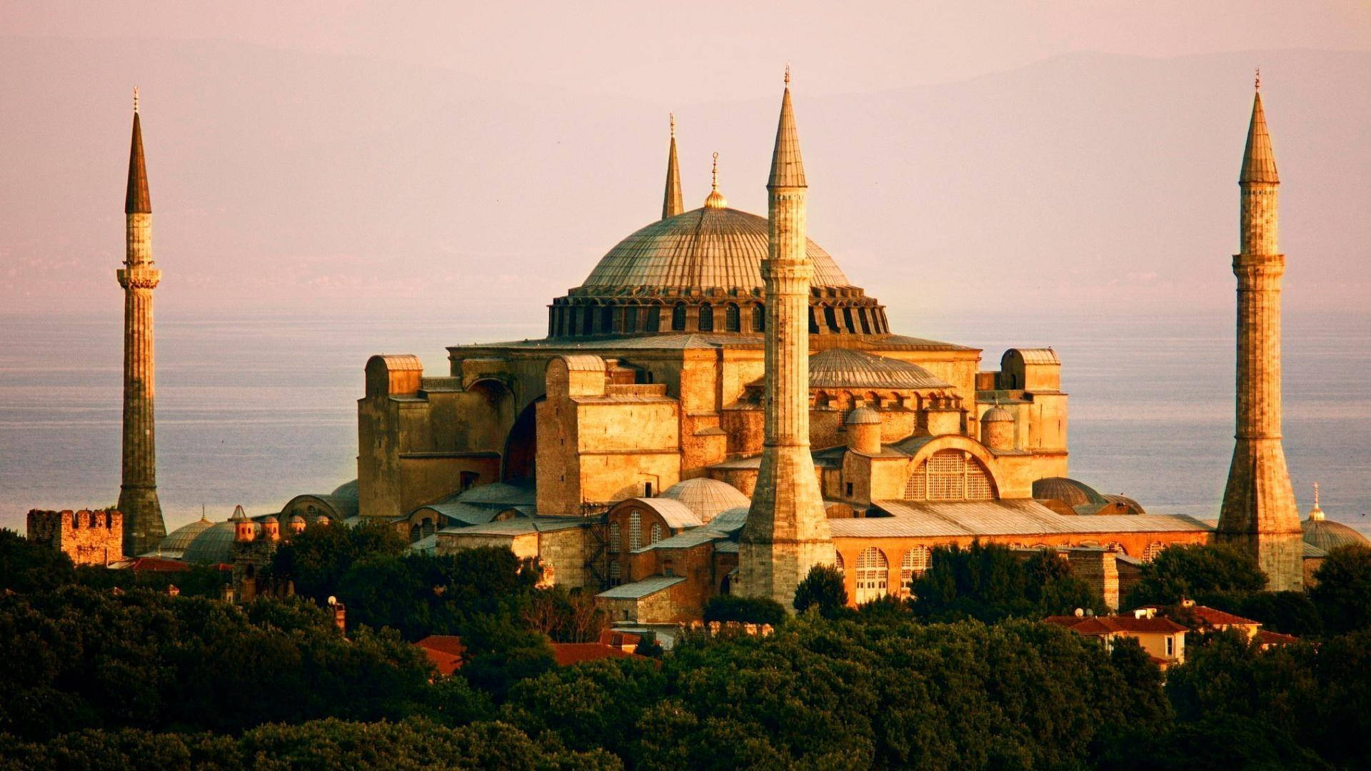 Hagia Sophia, golden domes, minarets, Full HD Desktop Wallpaper