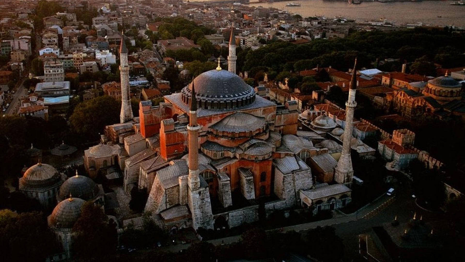 Hagia Sophia, drone shot, golden hour, Full HD Desktop Wallpaper