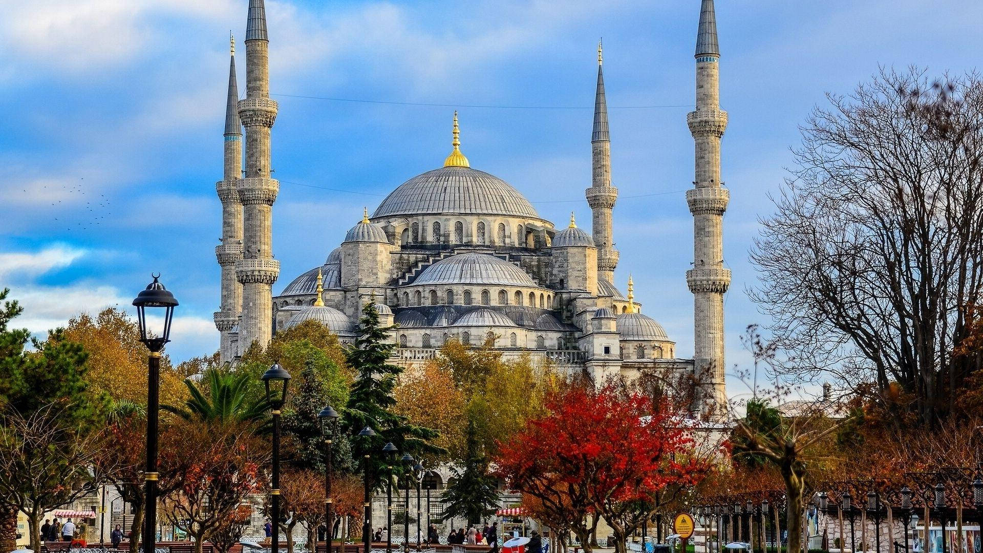 Hagia Sophia, autumn trees, bright blue sky, Full HD Desktop Wallpaper