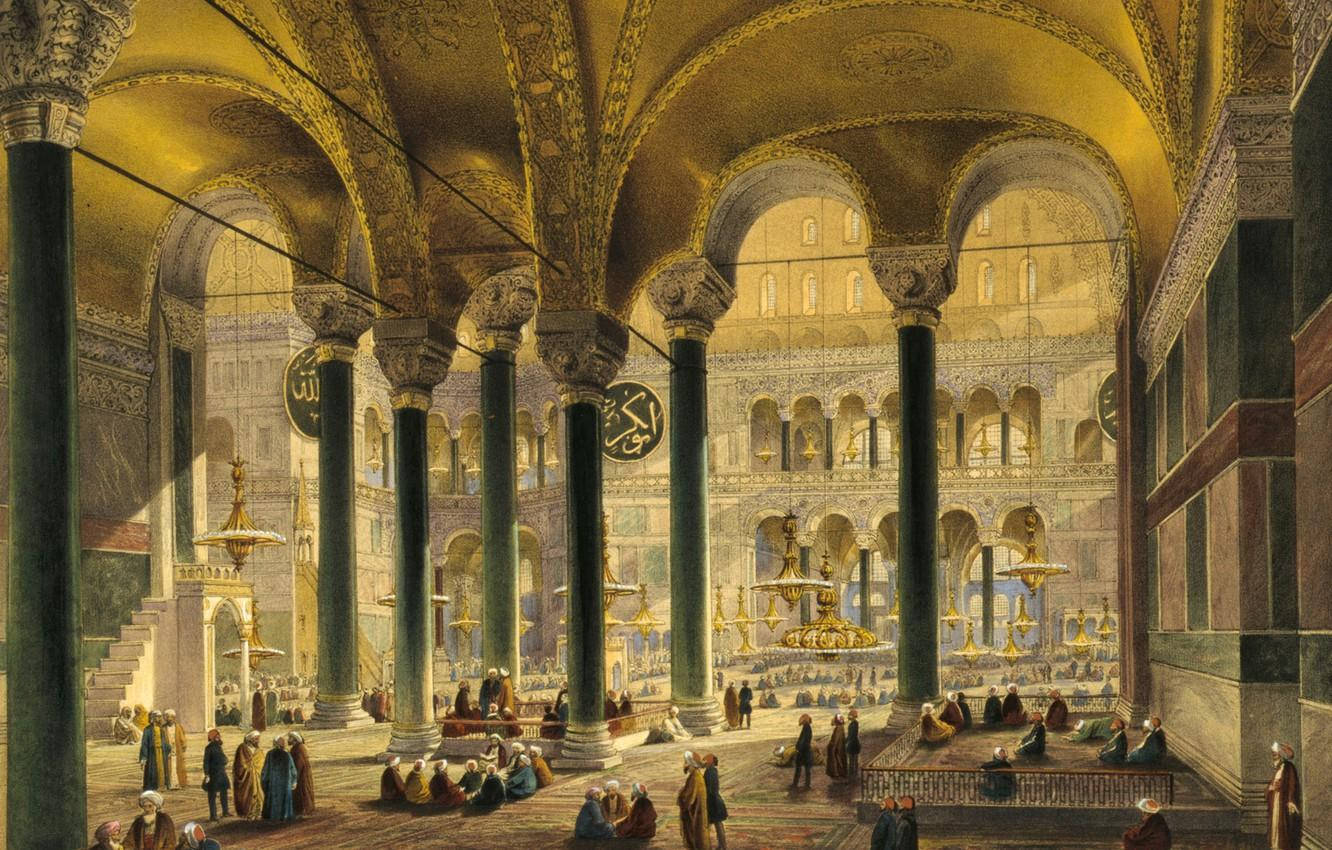 Hagia Sophia, golden-domed, mosque interior, HD Desktop Wallpaper