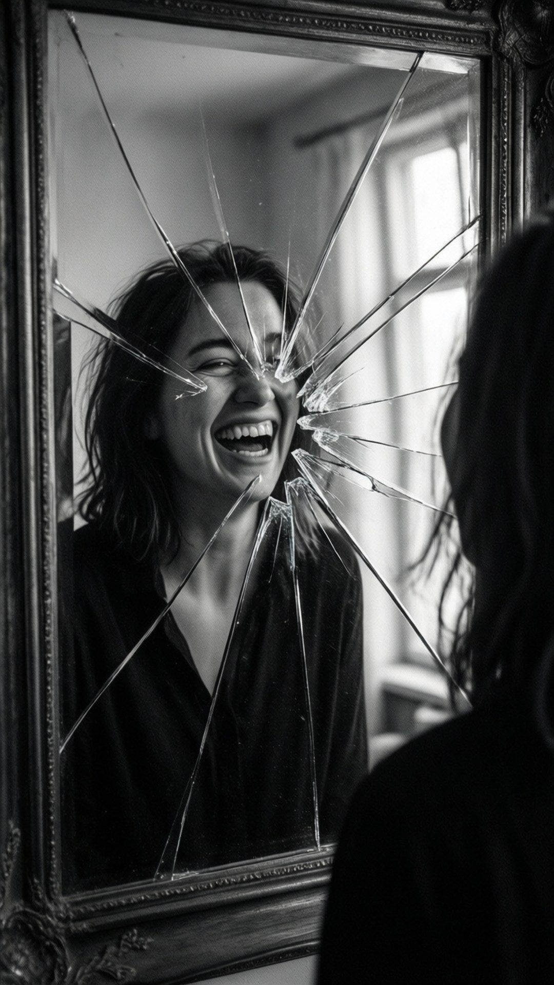 Laughter in Reflection, shattered ornate mirror, woman, Full HD Phone Wallpaper