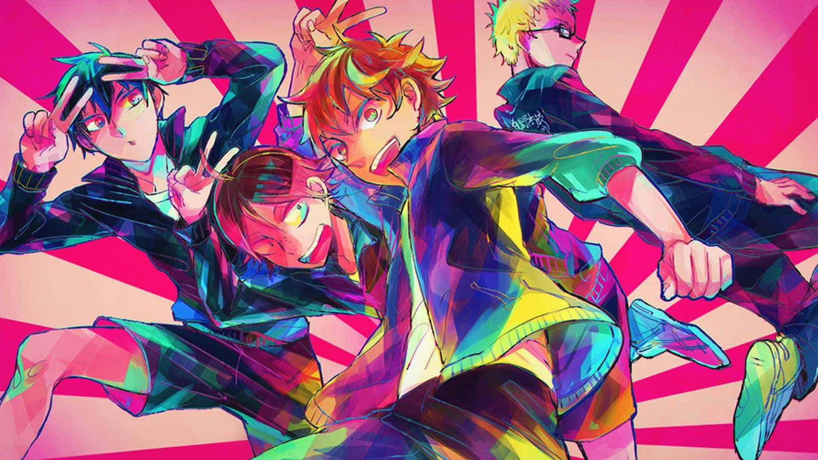 Haikyuu Captains, pink and red radial background, neon color accents, HD Desktop Wallpaper