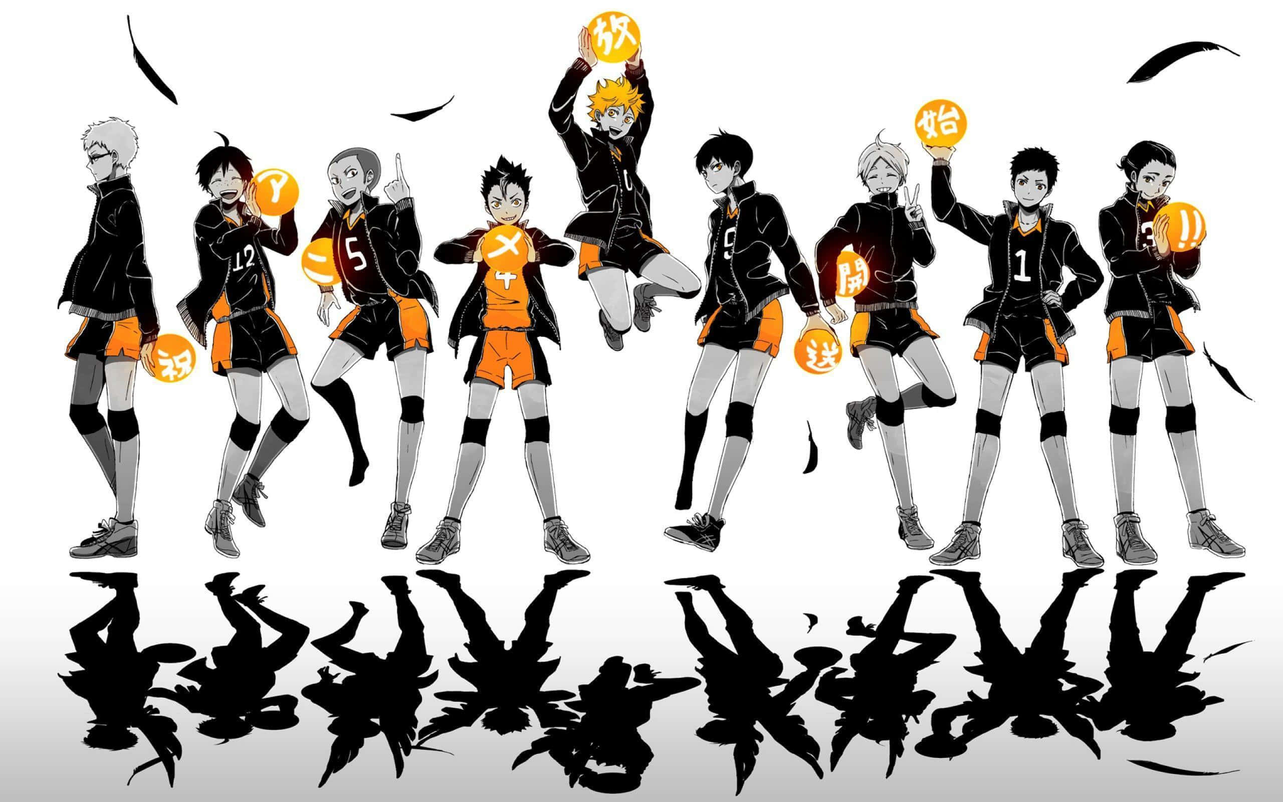 Haikyuu Captains, black and orange uniforms, glowing orbs, 2K Desktop Wallpaper