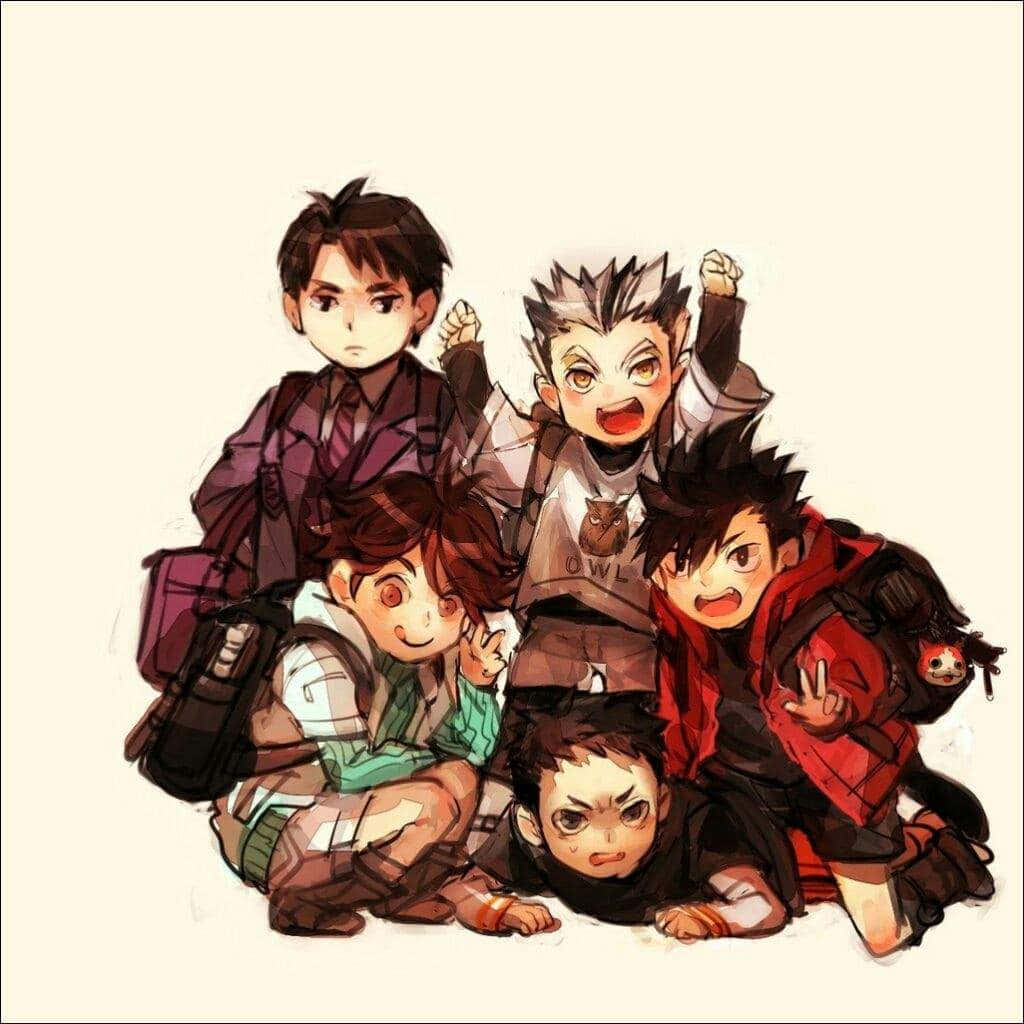 Haikyuu Captains, chibi anime boys, backpacks, SD Desktop Wallpaper