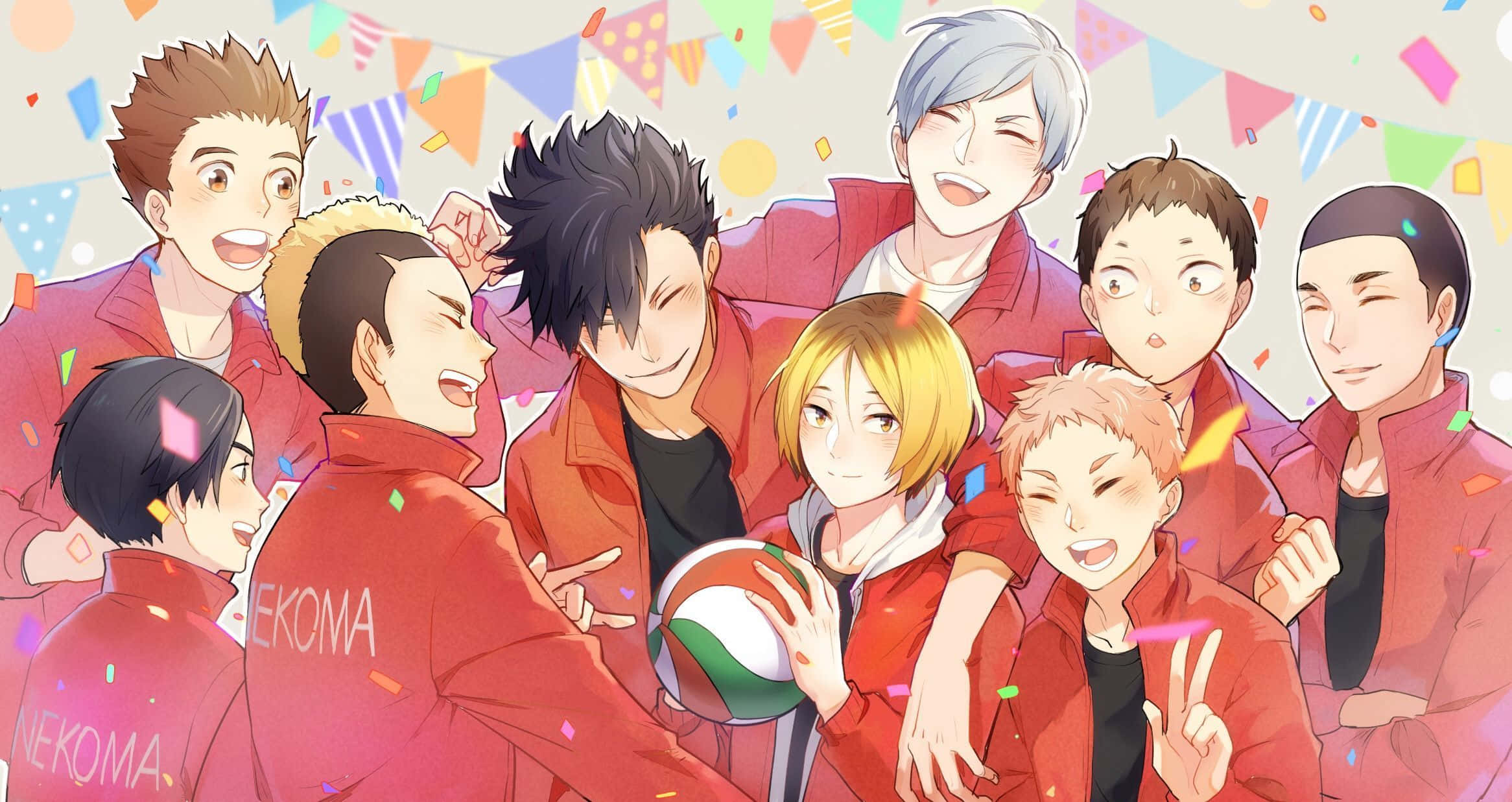 Haikyuu Team Captains, red jackets, confetti, Full HD Desktop Wallpaper