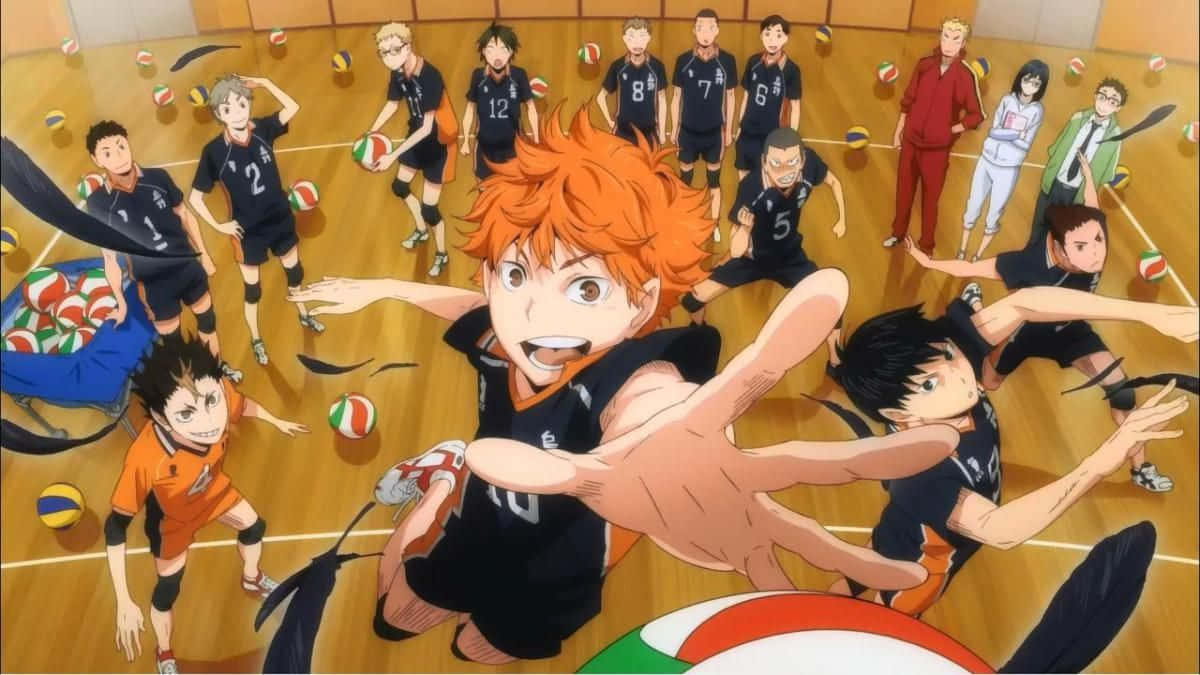 Haikyuu, anime volleyball team, wooden court, SD Desktop Wallpaper