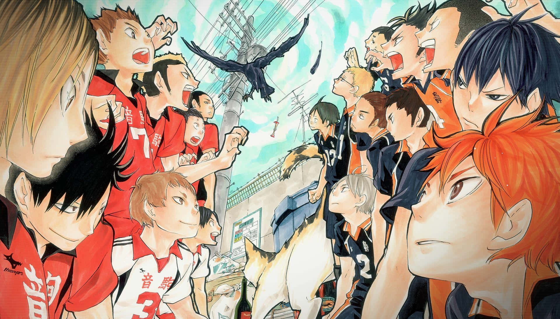 Haikyuu, red and black jerseys, volleyball players, Full HD Desktop Wallpaper