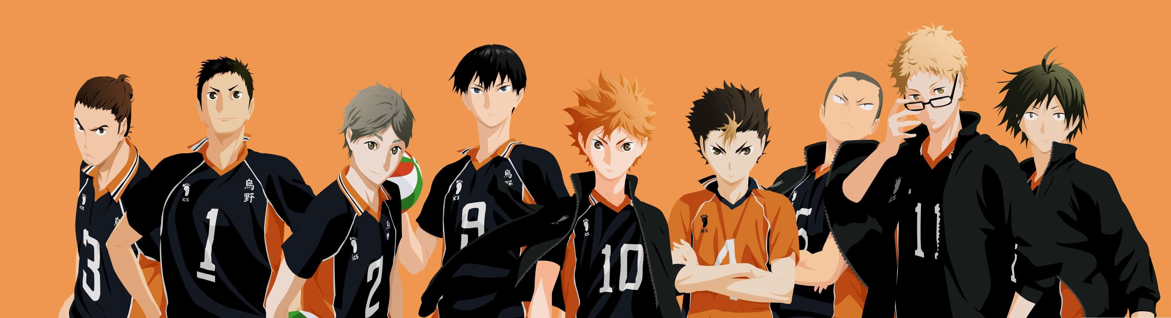 Haikyuu, nine male volleyball players, black and orange jerseys, 2K Desktop Wallpaper