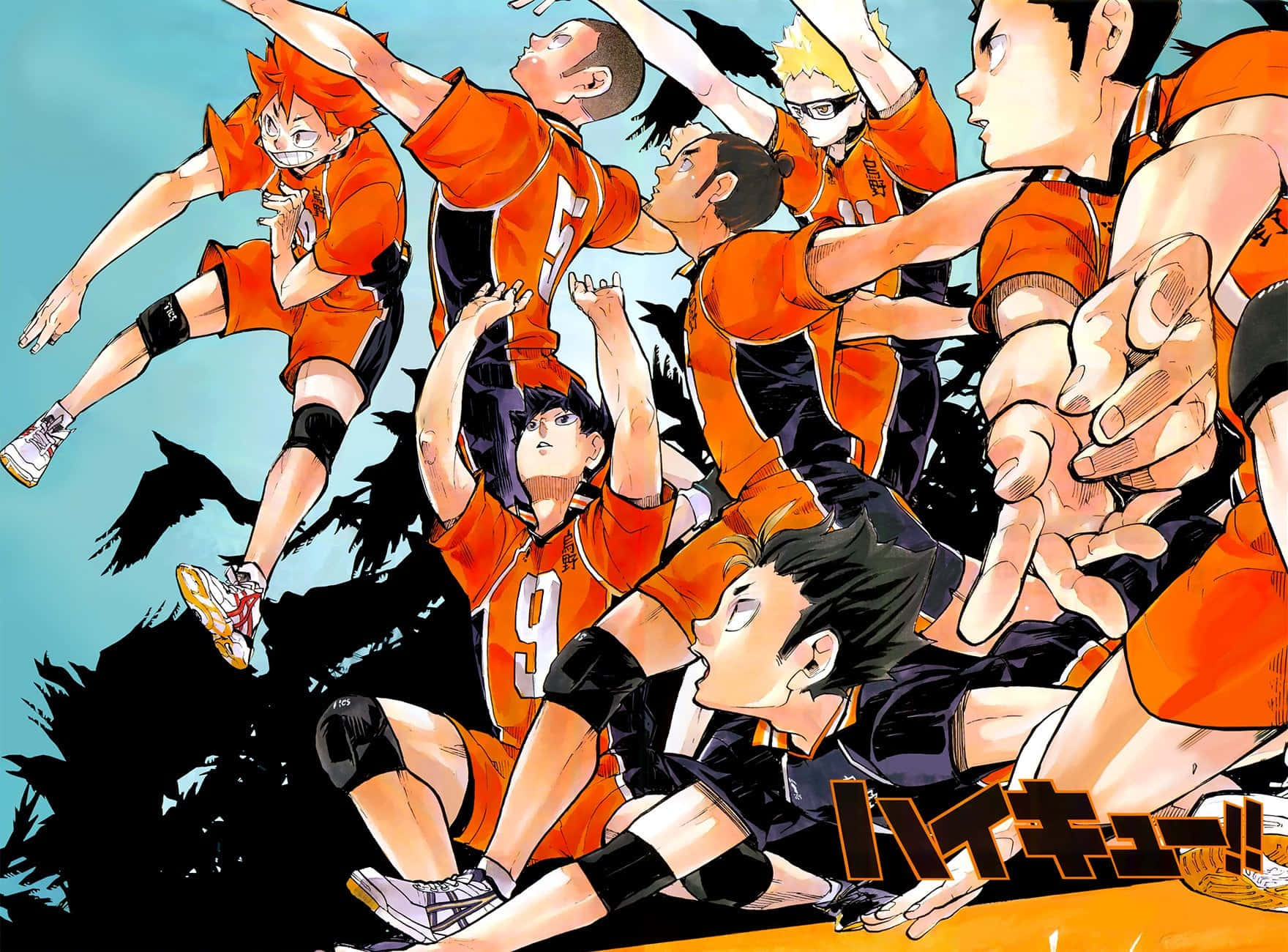 Haikyuu Team, orange uniforms, teal sky, HD Desktop Wallpaper