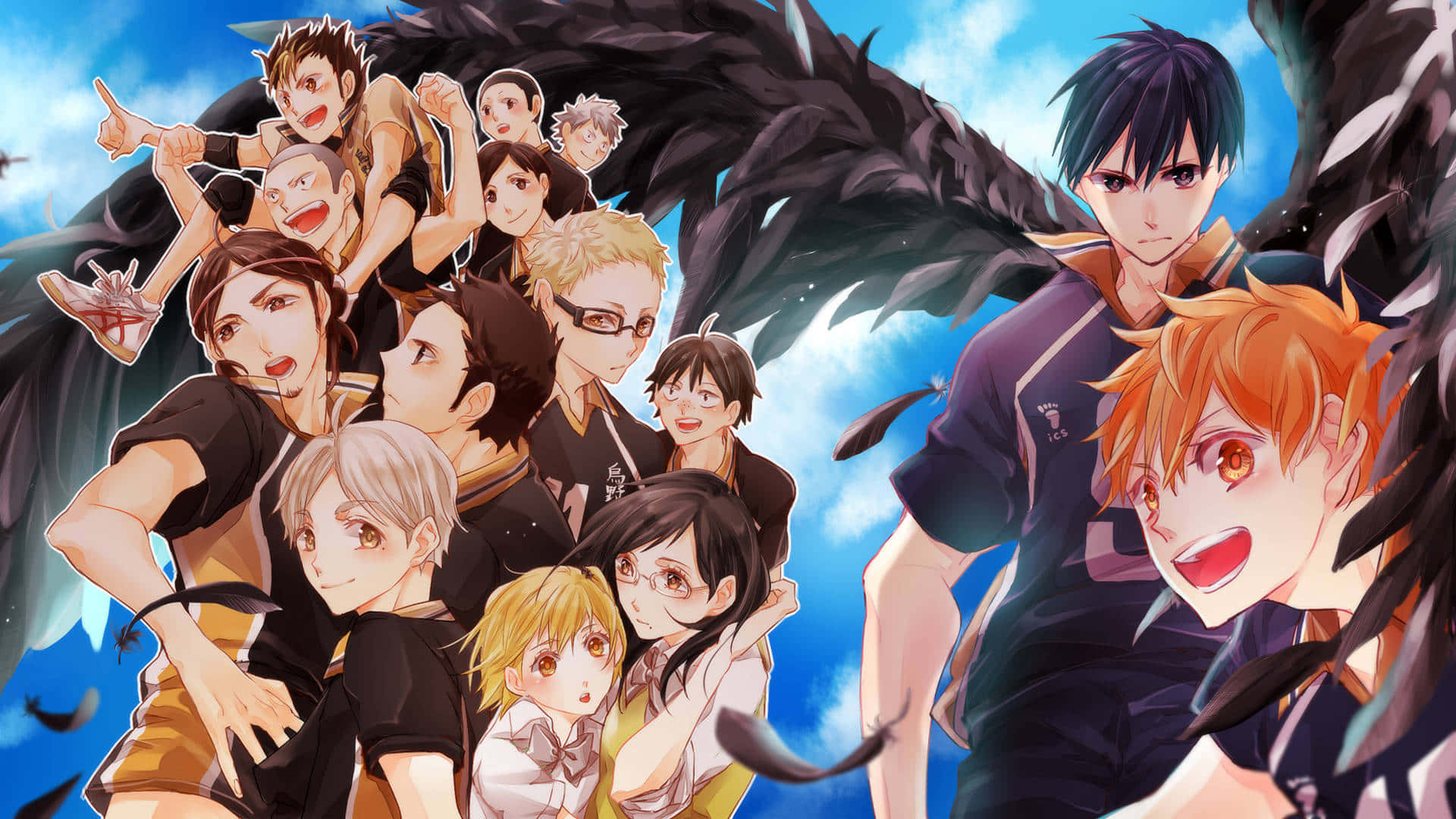 Haikyuu Team, black feather wings, bright blue sky, Full HD Desktop Wallpaper