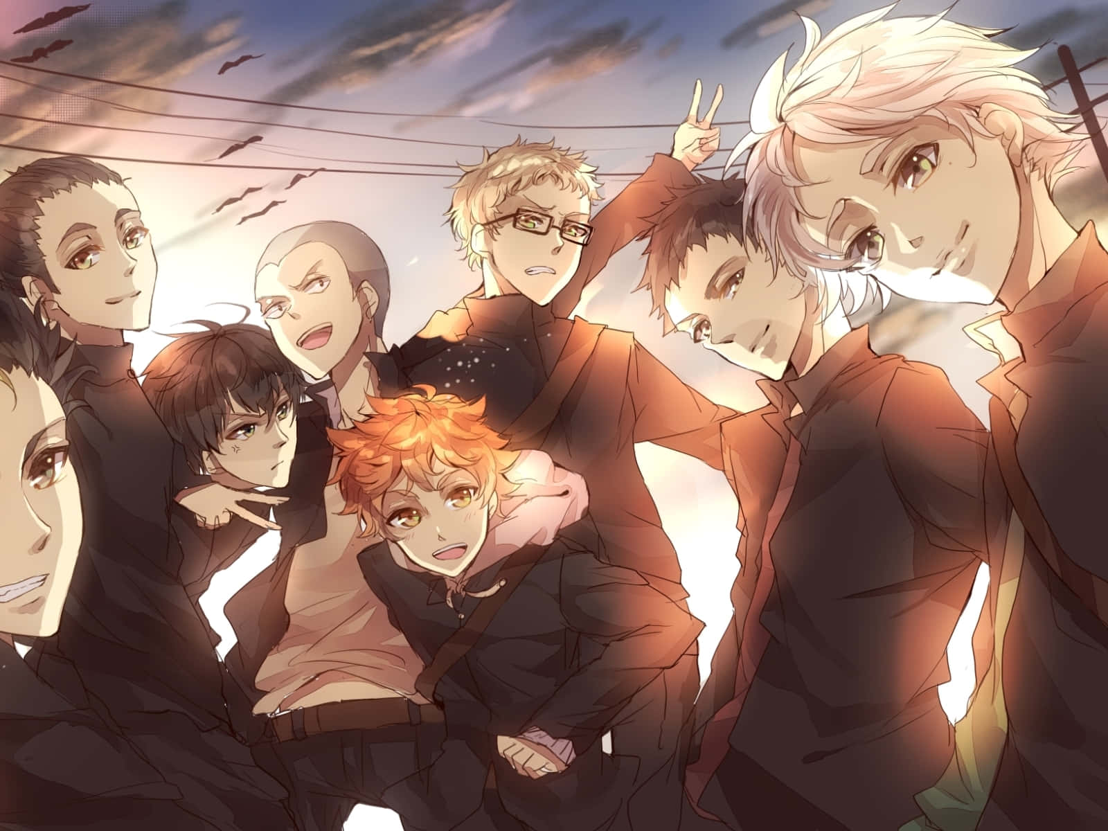 Haikyuu Team, sunset, dark jackets, HD Desktop Wallpaper