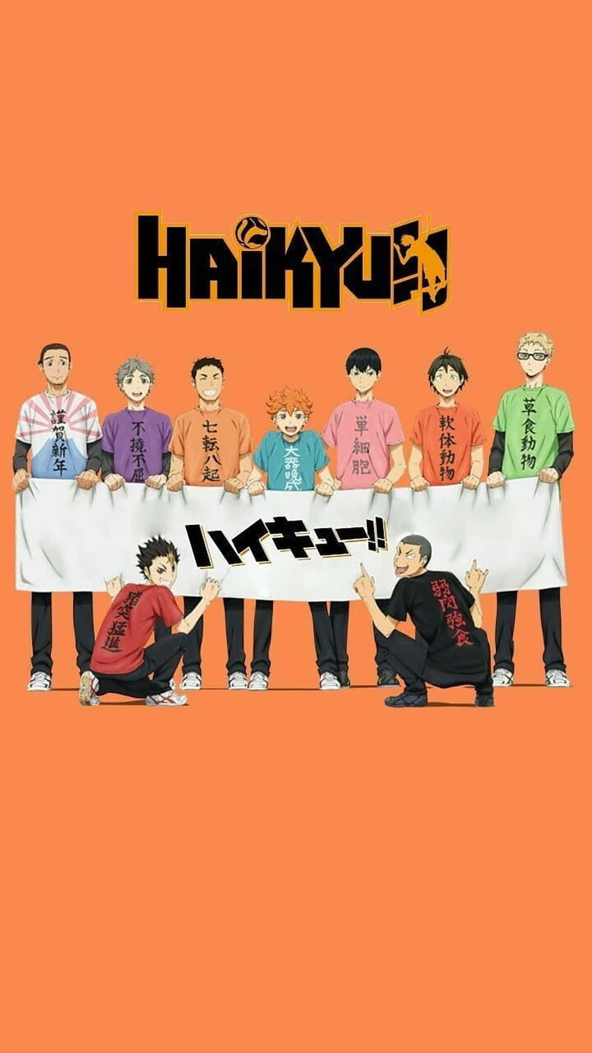 Haikyuu Team, orange background, seven anime boys, HD Phone Wallpaper