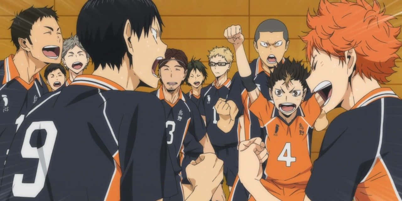 Haikyuu Team, dark blue and orange uniforms, gymnasium, HD Desktop Wallpaper