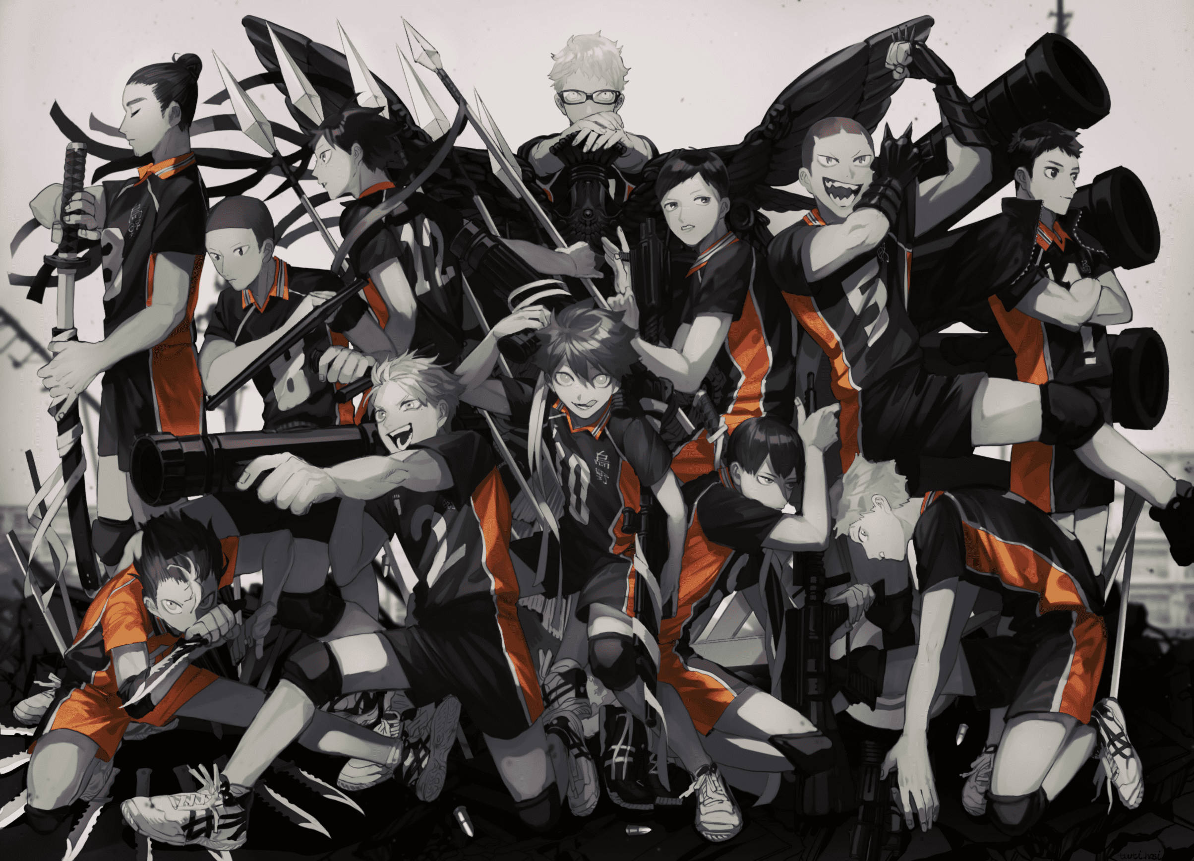 Haikyuu Teams, black and orange uniforms, volleyball players, Full HD Desktop Wallpaper
