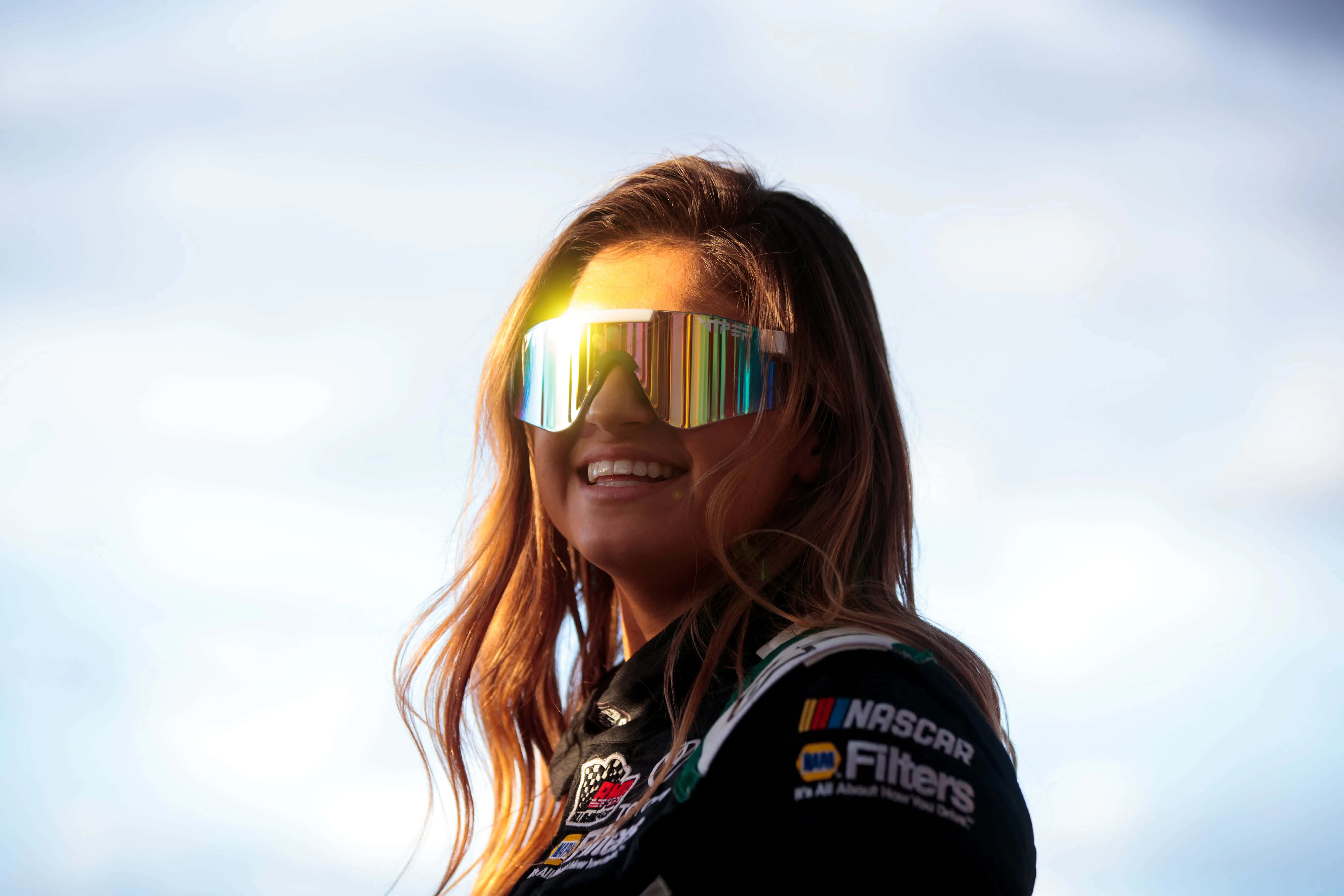 Hailie Deegan, black racing suit, reflective sunglasses, 5K Desktop Wallpaper