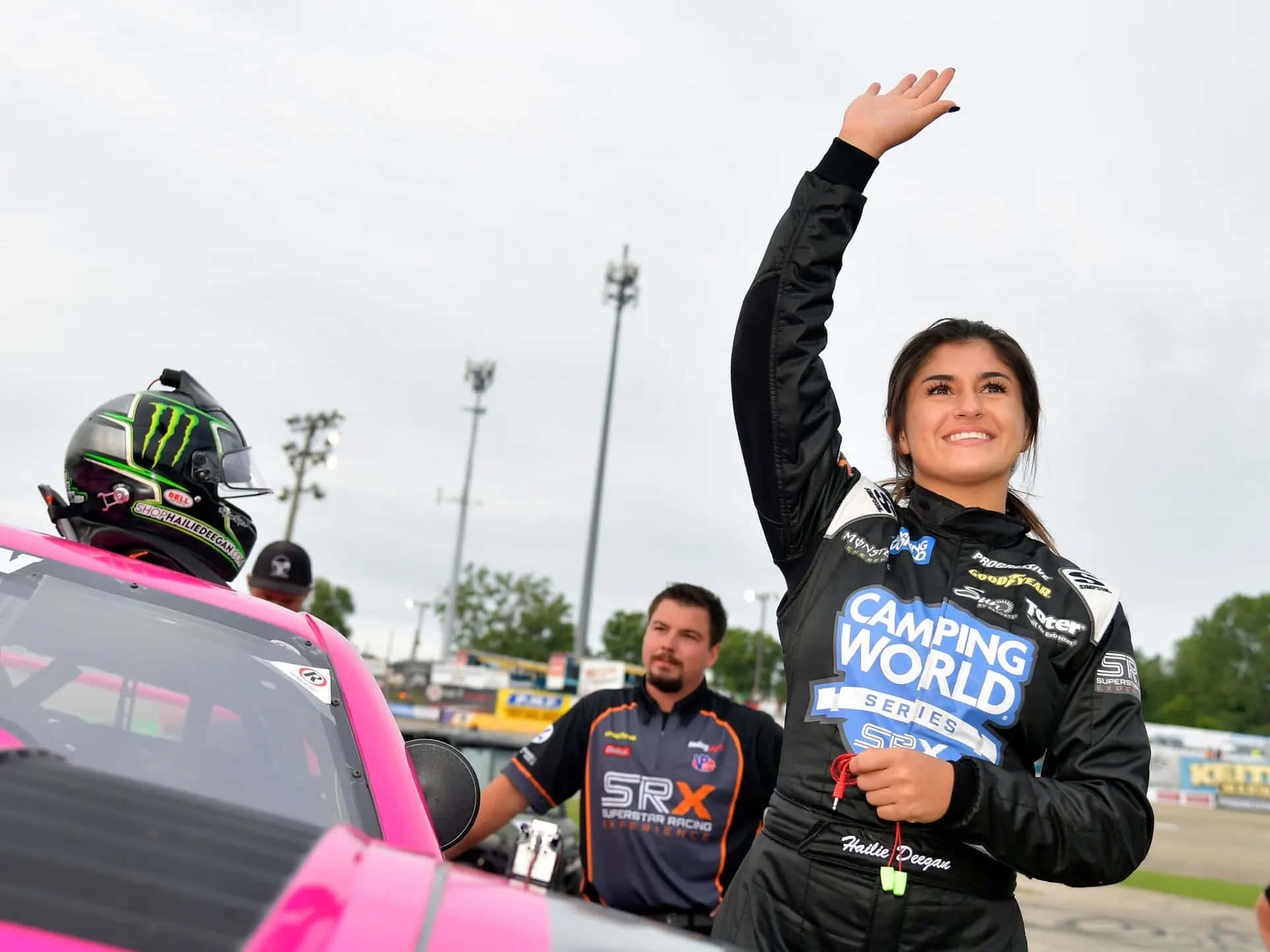 Hailie Deegan, black racing suit, bright pink SRX race car, Full HD Desktop Wallpaper