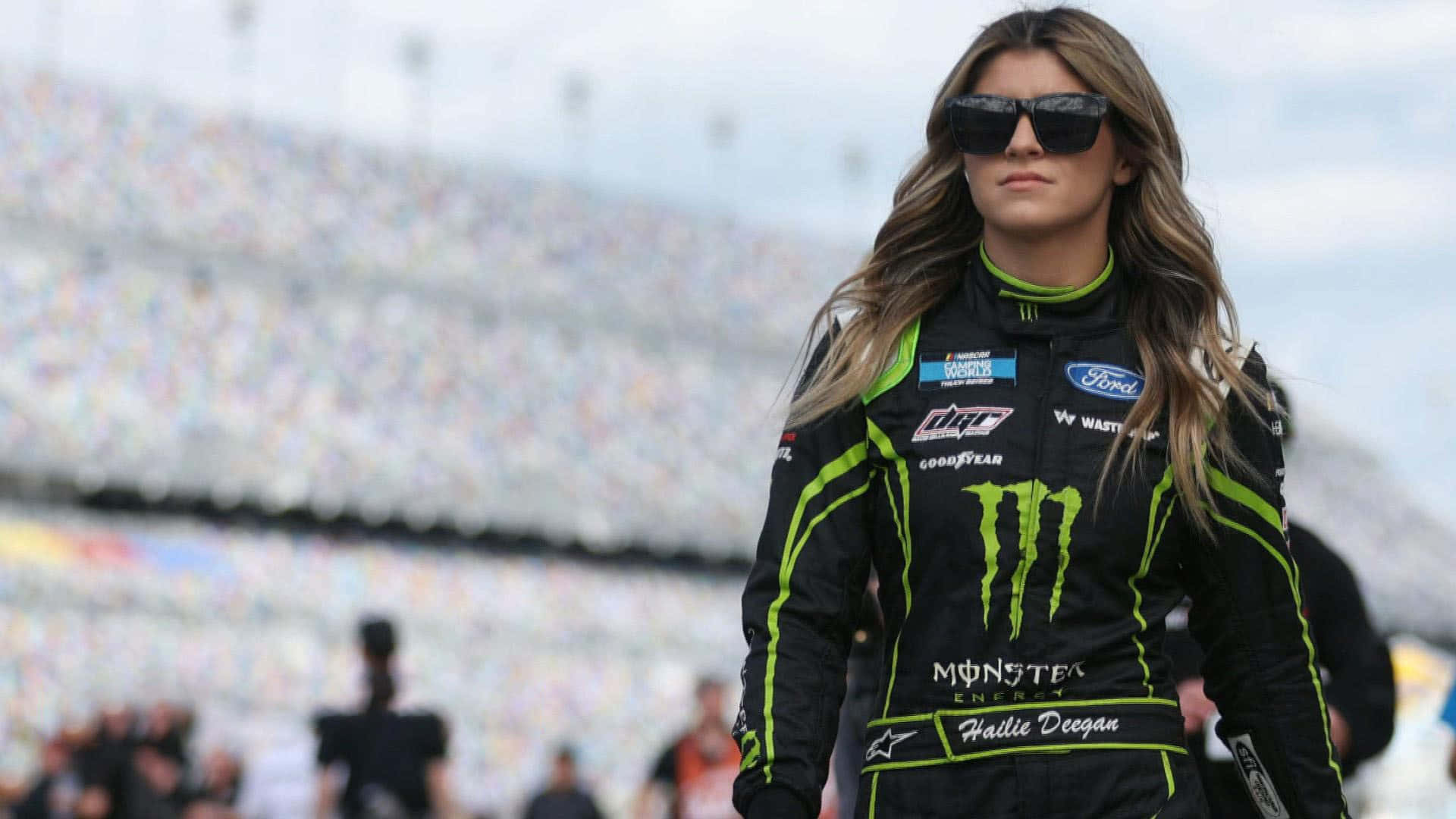 Hailie Deegan, black and neon green racing suit, stadium, Full HD Desktop Wallpaper