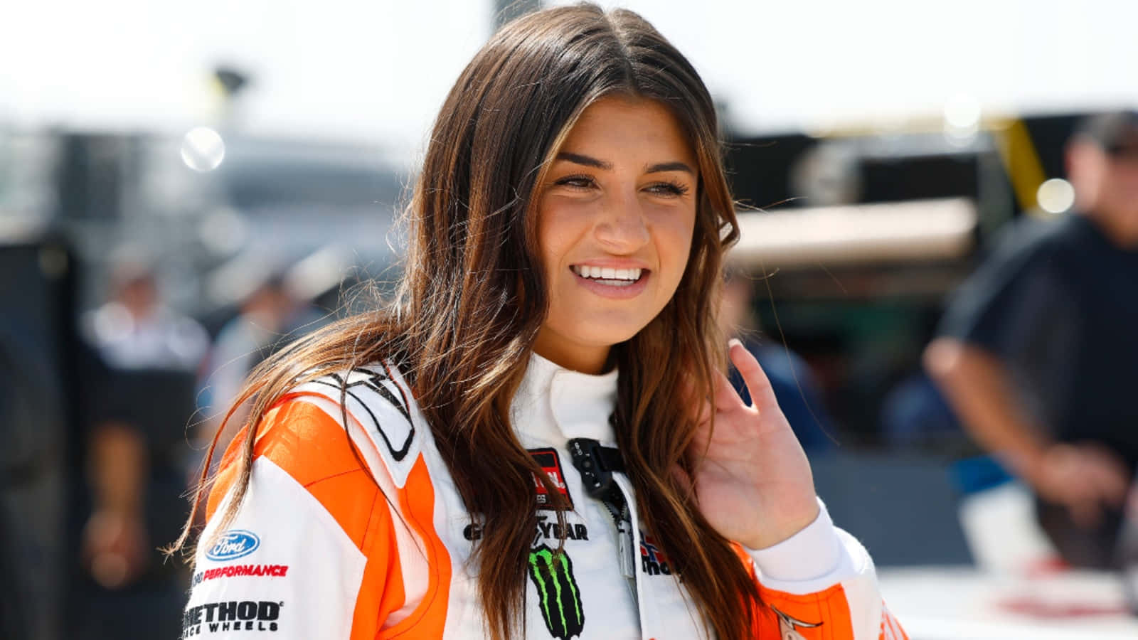 Hailie Deegan, orange and white racing suit, sunny track day, HD Desktop Wallpaper