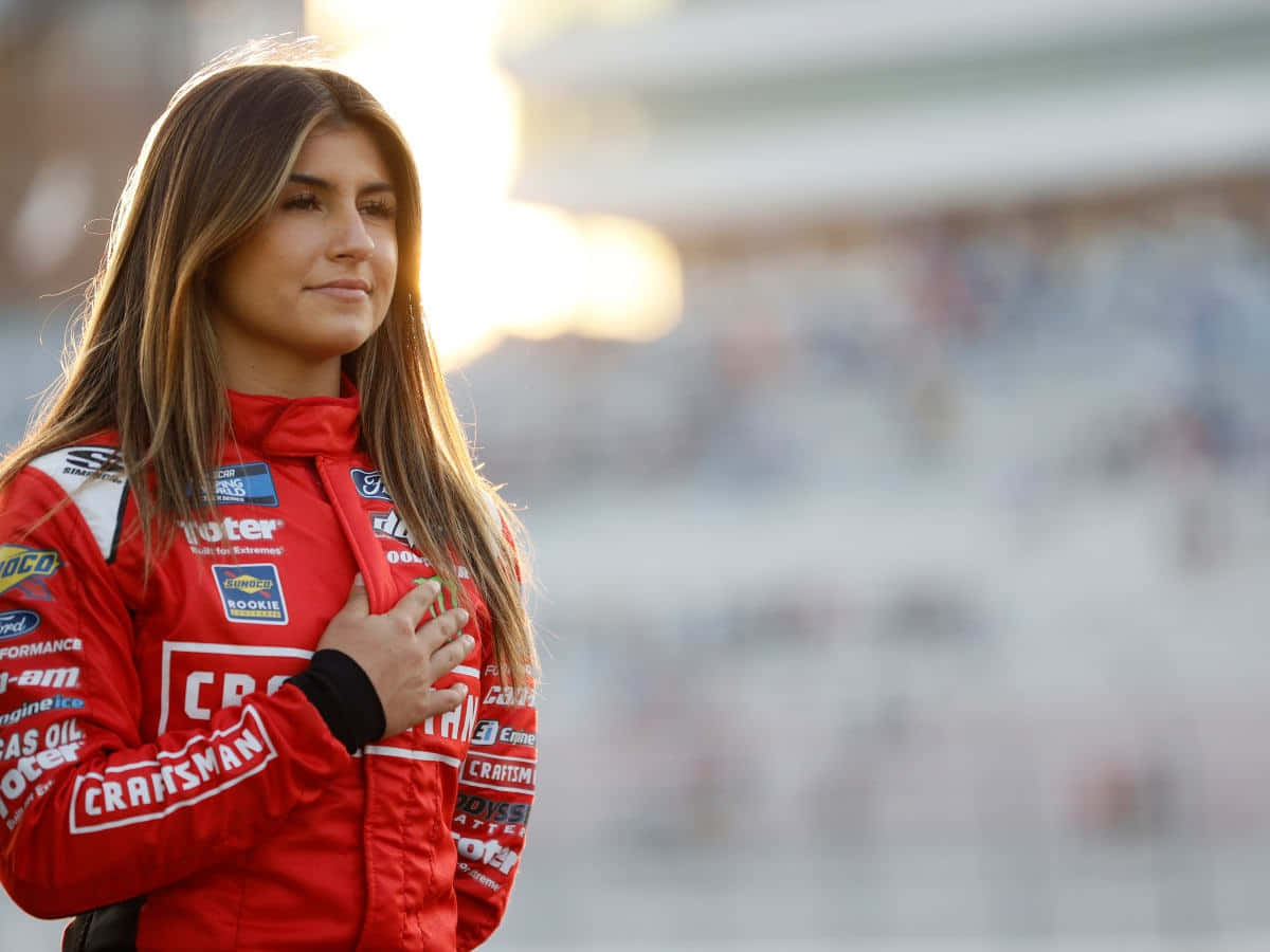 Hailie Deegan, red Craftsman racing suit, golden hour, SD Desktop Wallpaper