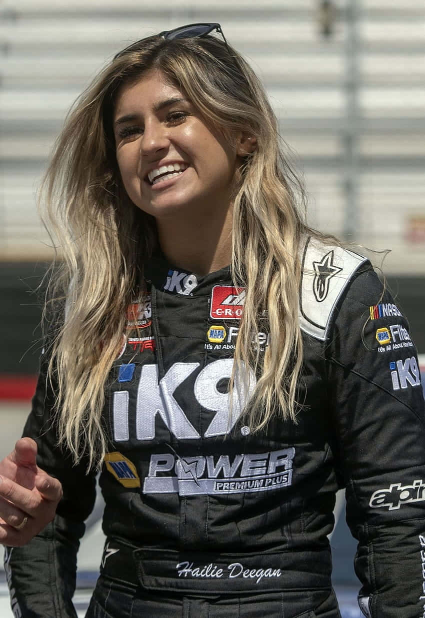 Hailie Deegan, black NASCAR racing suit, sponsor logos, SD Phone Wallpaper