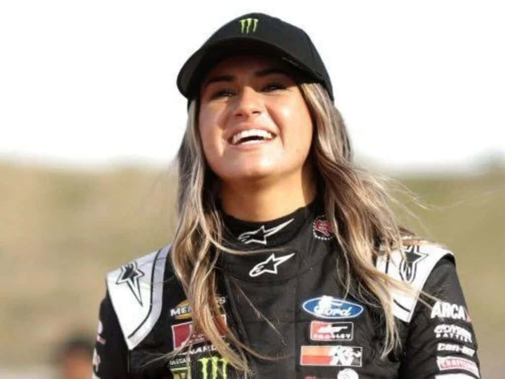 Hailie Deegan, black Ford racing suit, cap, SD Desktop Wallpaper