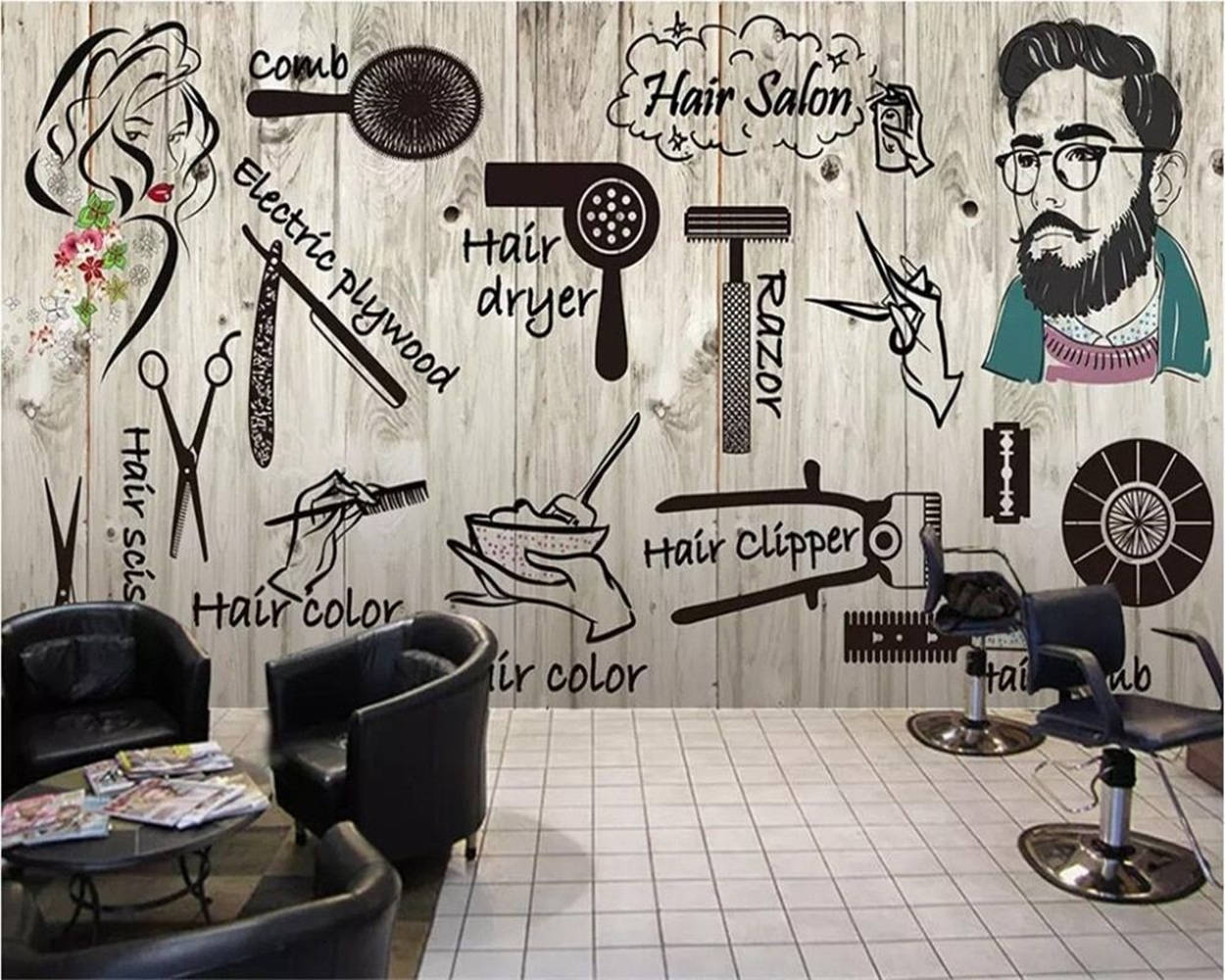 vintage-style hair salon, wooden doodled wall, illustrated tools, SD Desktop Wallpaper