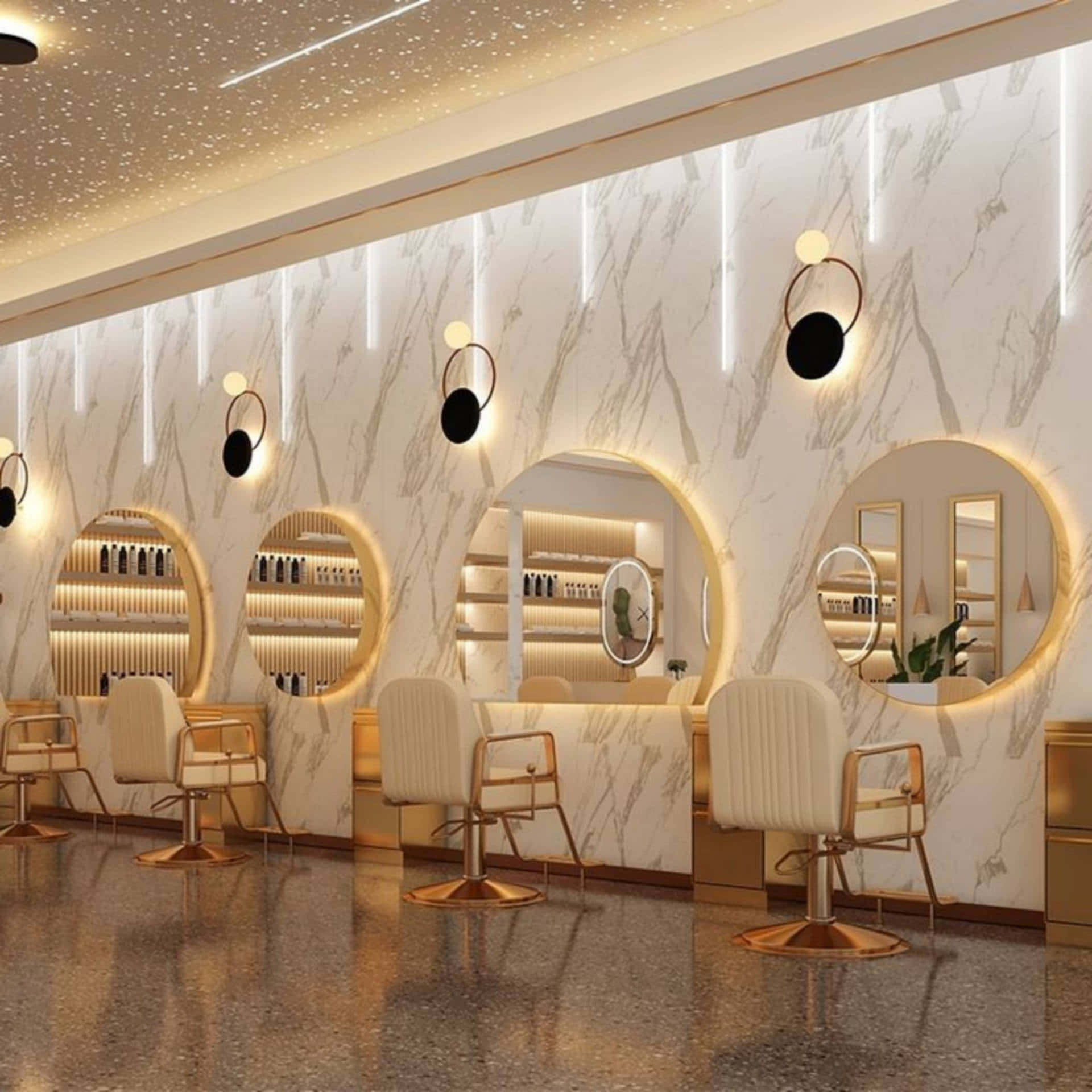 marble walls, circular mirrors, gold accents, Full HD Desktop Wallpaper