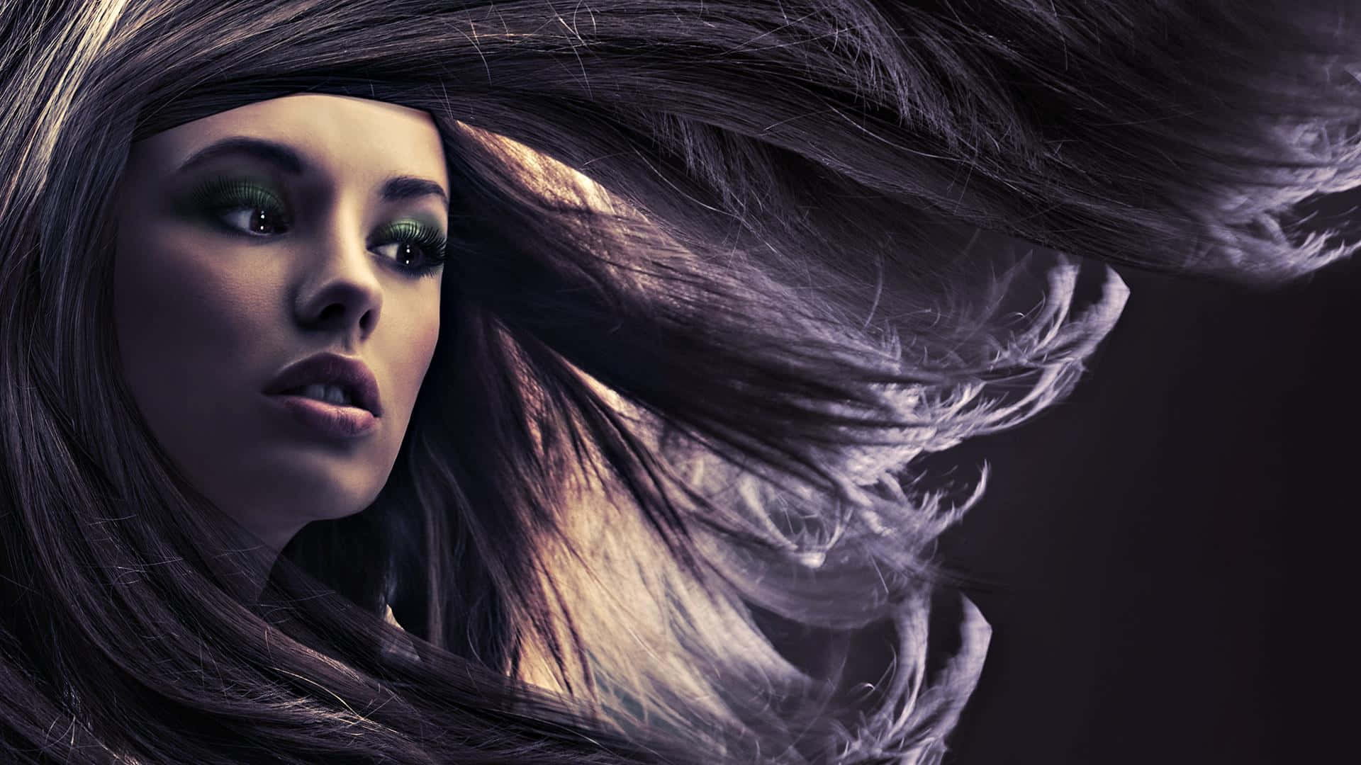 dynamic hair flow, long dark hair, dark background, Full HD Desktop Wallpaper