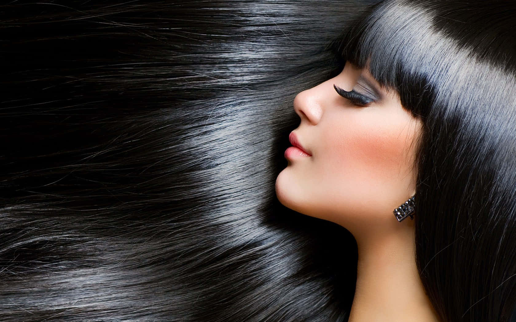 glossy black hair, bold eyelashes, flowing locks, HD Desktop Wallpaper