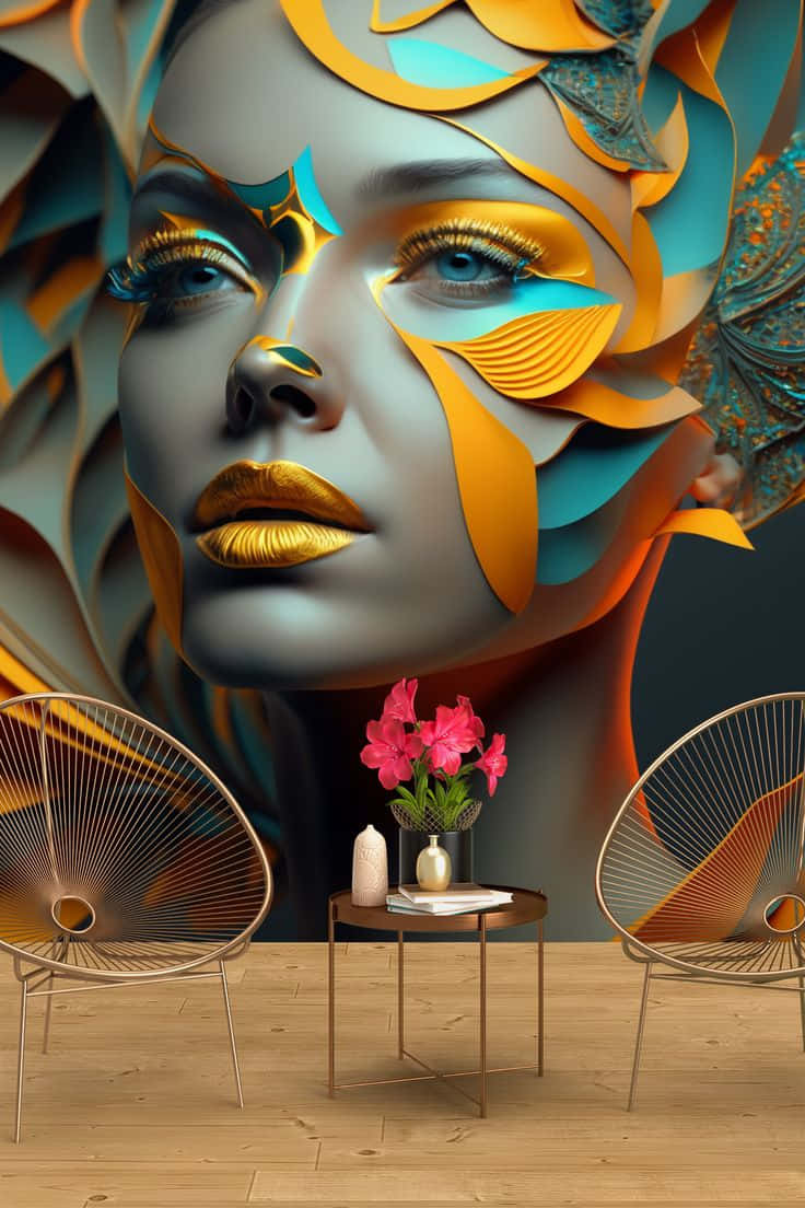 golden lips, ornate teal and gold leaf patterns, wire chairs, SD Phone Wallpaper