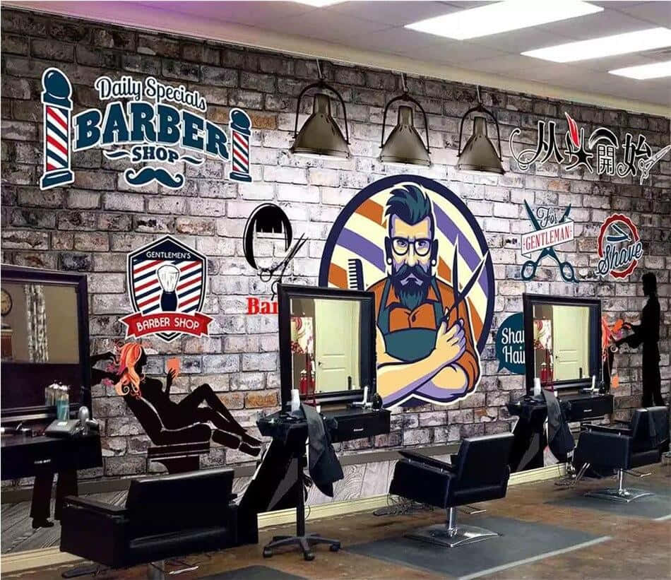 brick walls, colorful vintage-style murals, barber pole signs, SD Desktop Wallpaper