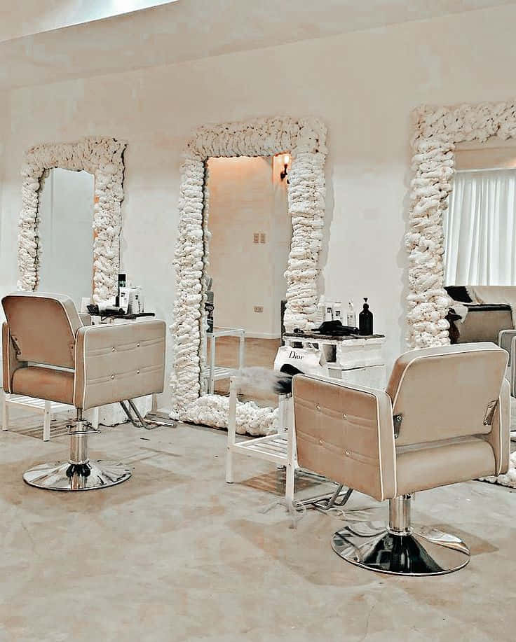 beige salon chairs, ornate white textured mirrors, minimalist chic beauty salon, SD Phone Wallpaper