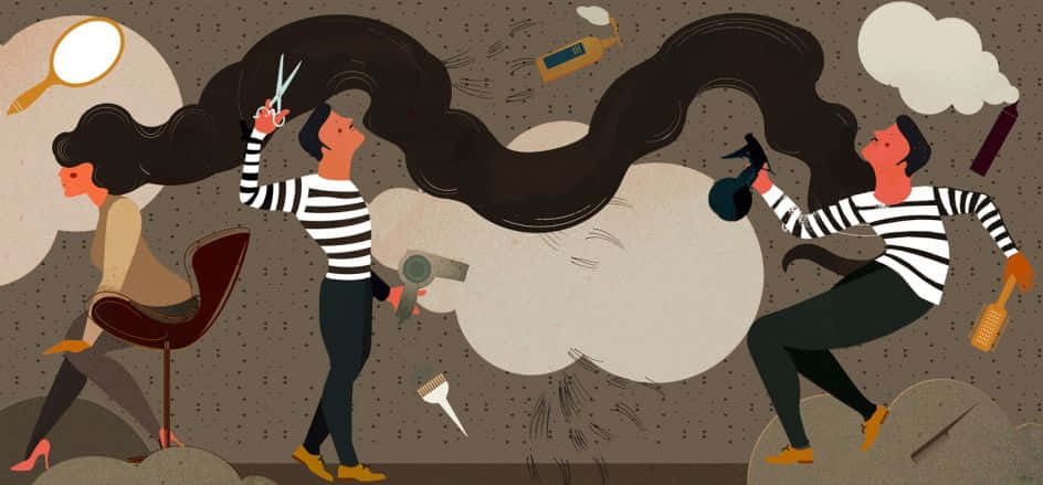 woman, two hairdressers, enormous flowing black hair, SD Desktop Wallpaper