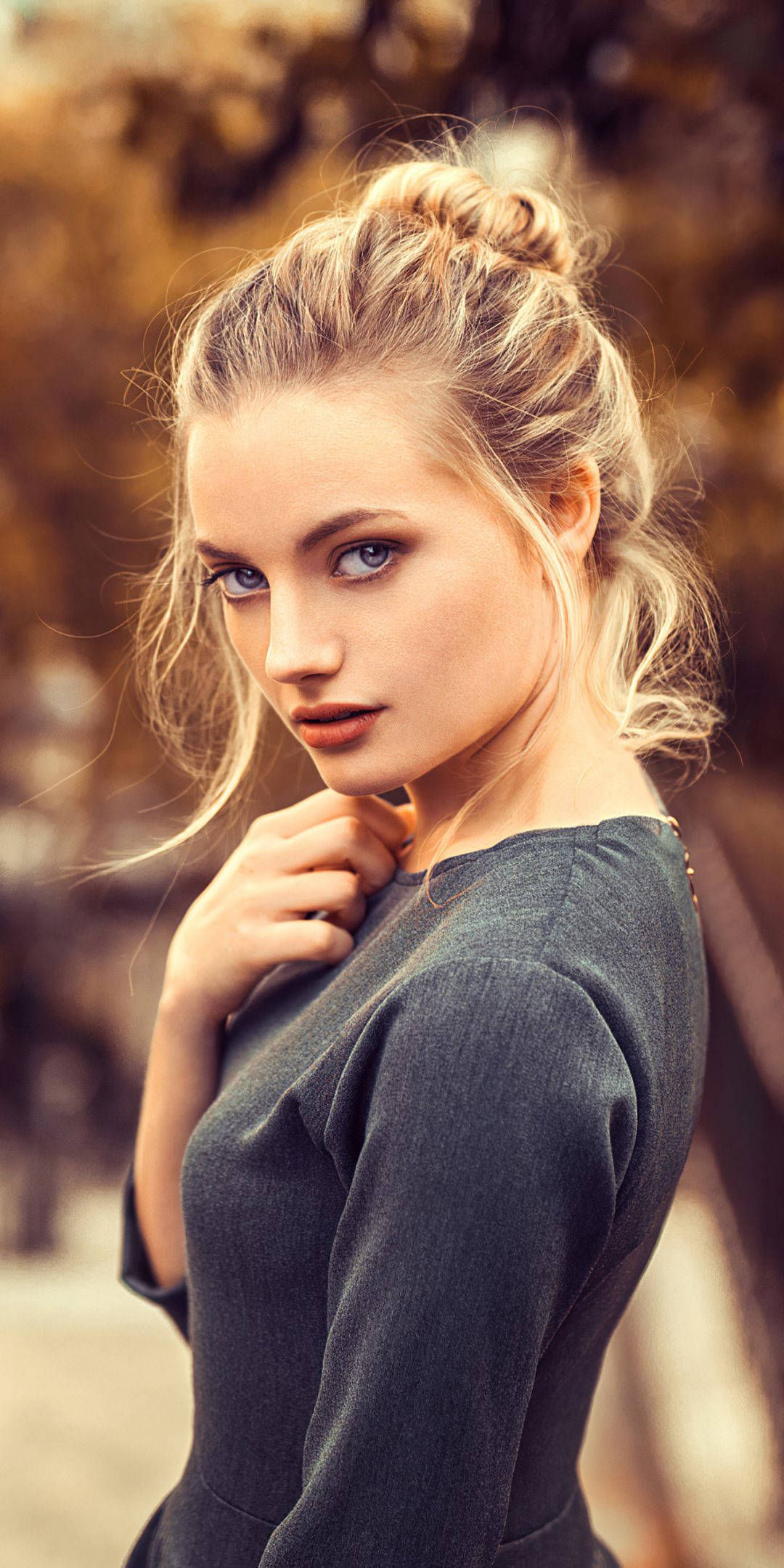 blonde woman, blue eyes, dark gray dress, Full HD Phone Wallpaper