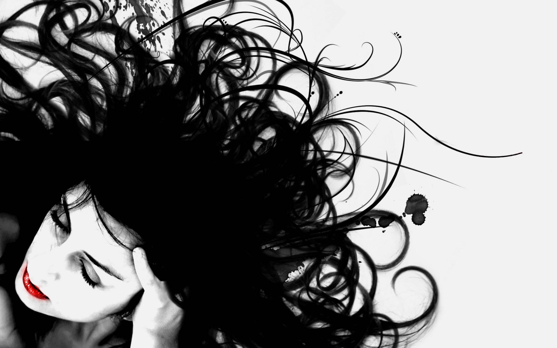 woman, long black hair, red lips, Full HD Desktop Wallpaper