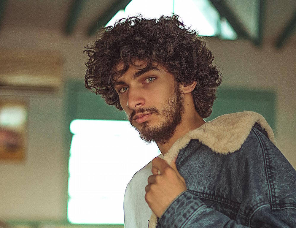short curls men hair style, curly dark hair, denim jacket, SD Desktop Wallpaper
