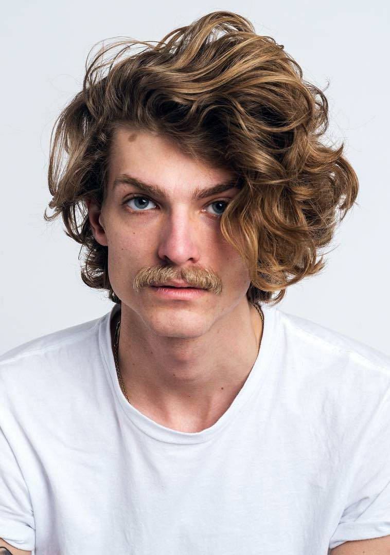 disheveled men hair style, voluminous wavy brown hair, thick mustache, SD Phone Wallpaper