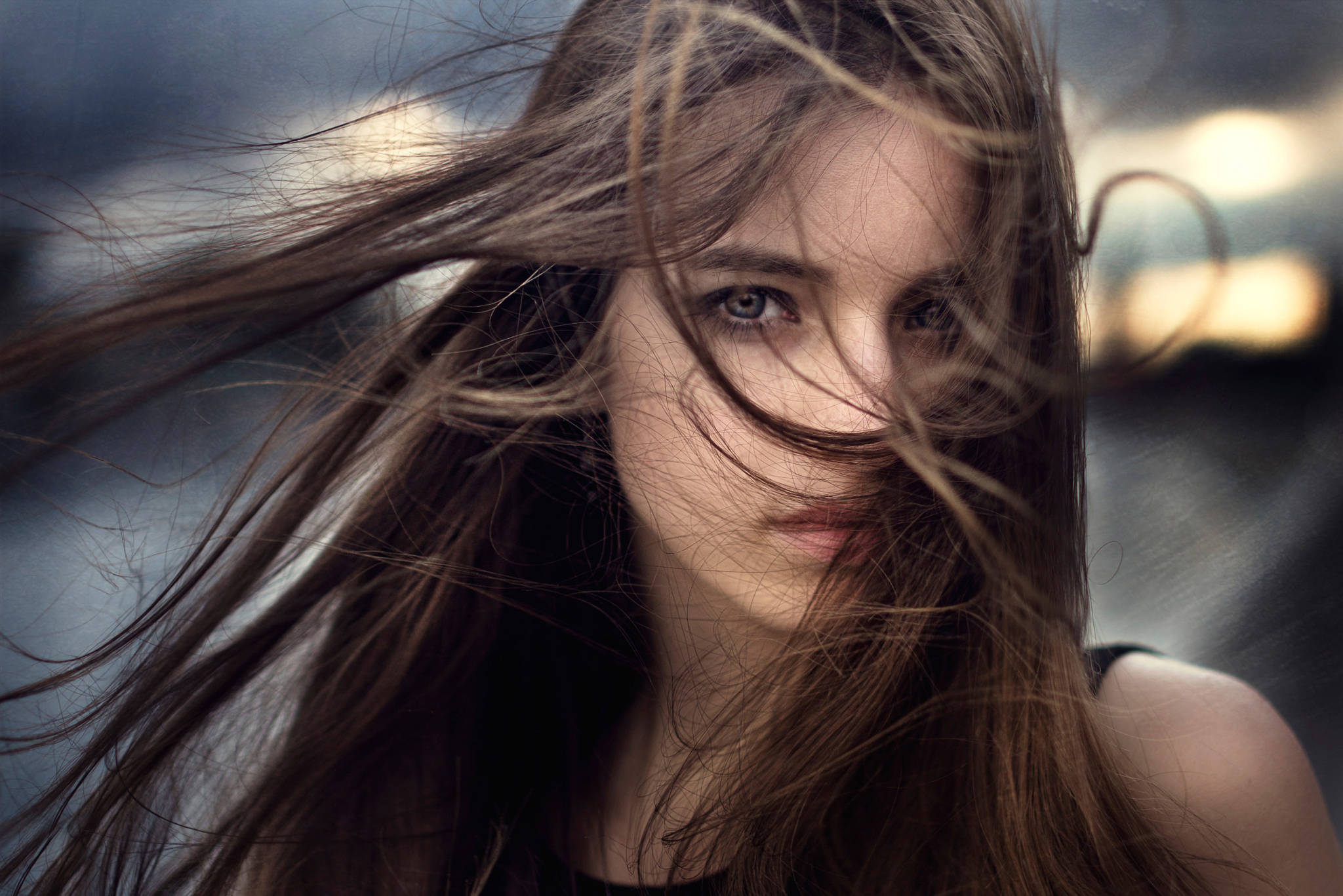 long brown hair, wind, urban backdrop, Full HD Desktop Wallpaper