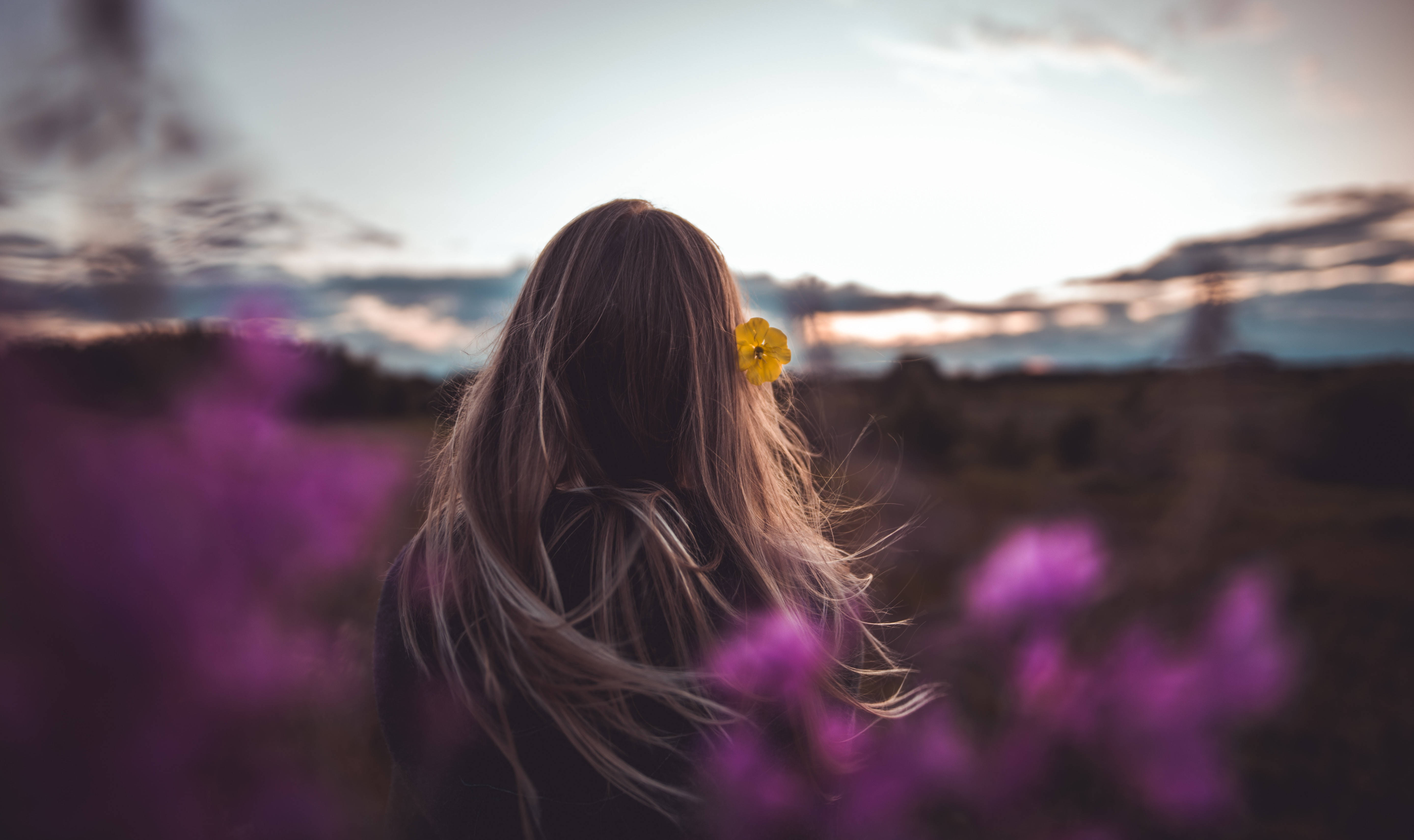 blonde hair, yellow flower, purple blooms, 5K Desktop Wallpaper