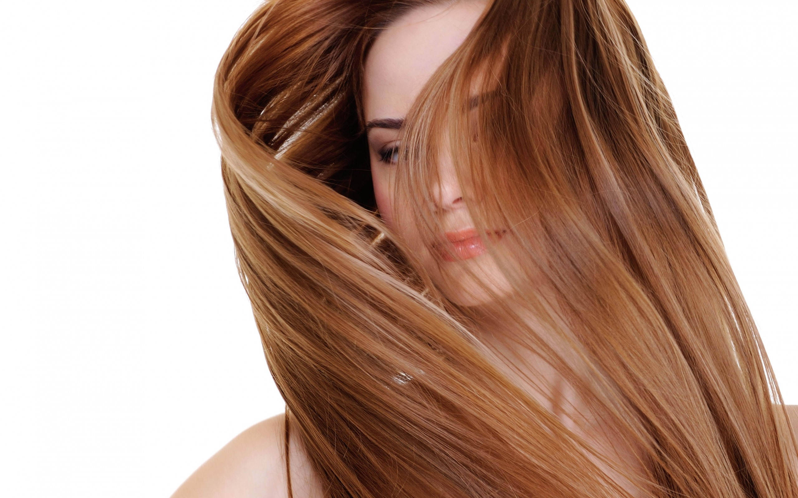 auburn hair, long flowing hair, stark white background, 2K Desktop Wallpaper