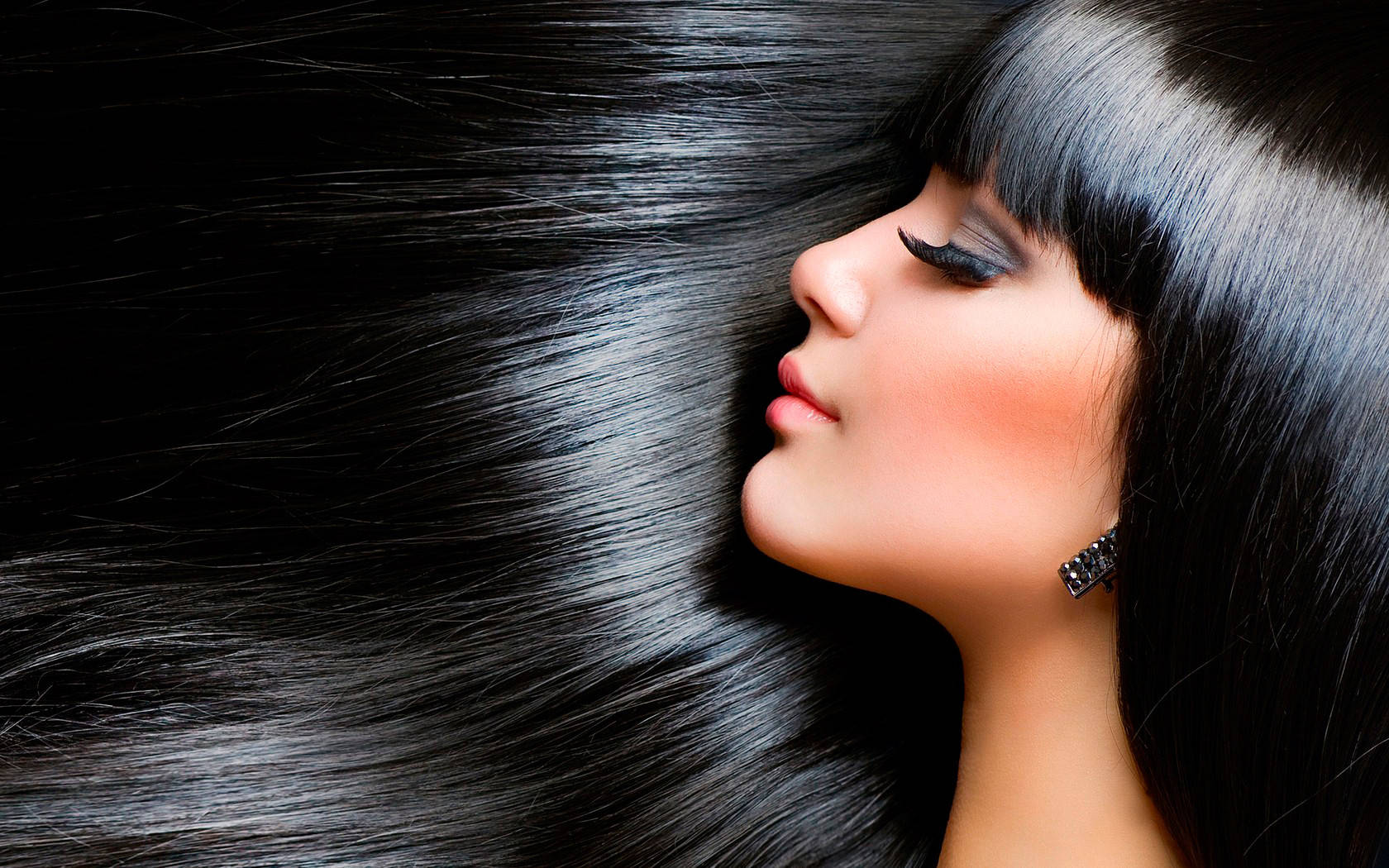 glossy black hair, bold eyelashes, dark background, HD Desktop Wallpaper