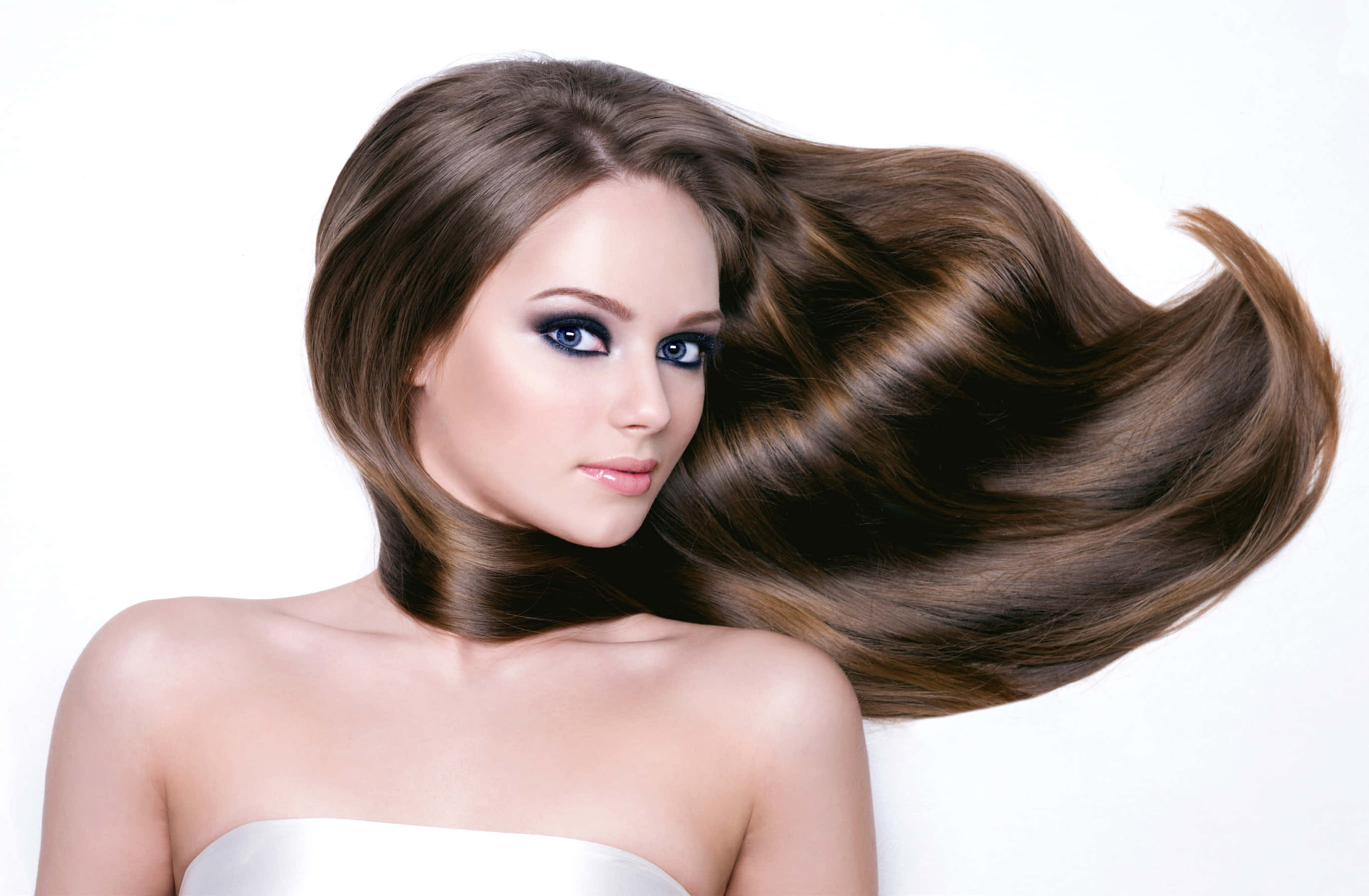 Haircare, brown hair, blue eyes, 2K Desktop Wallpaper