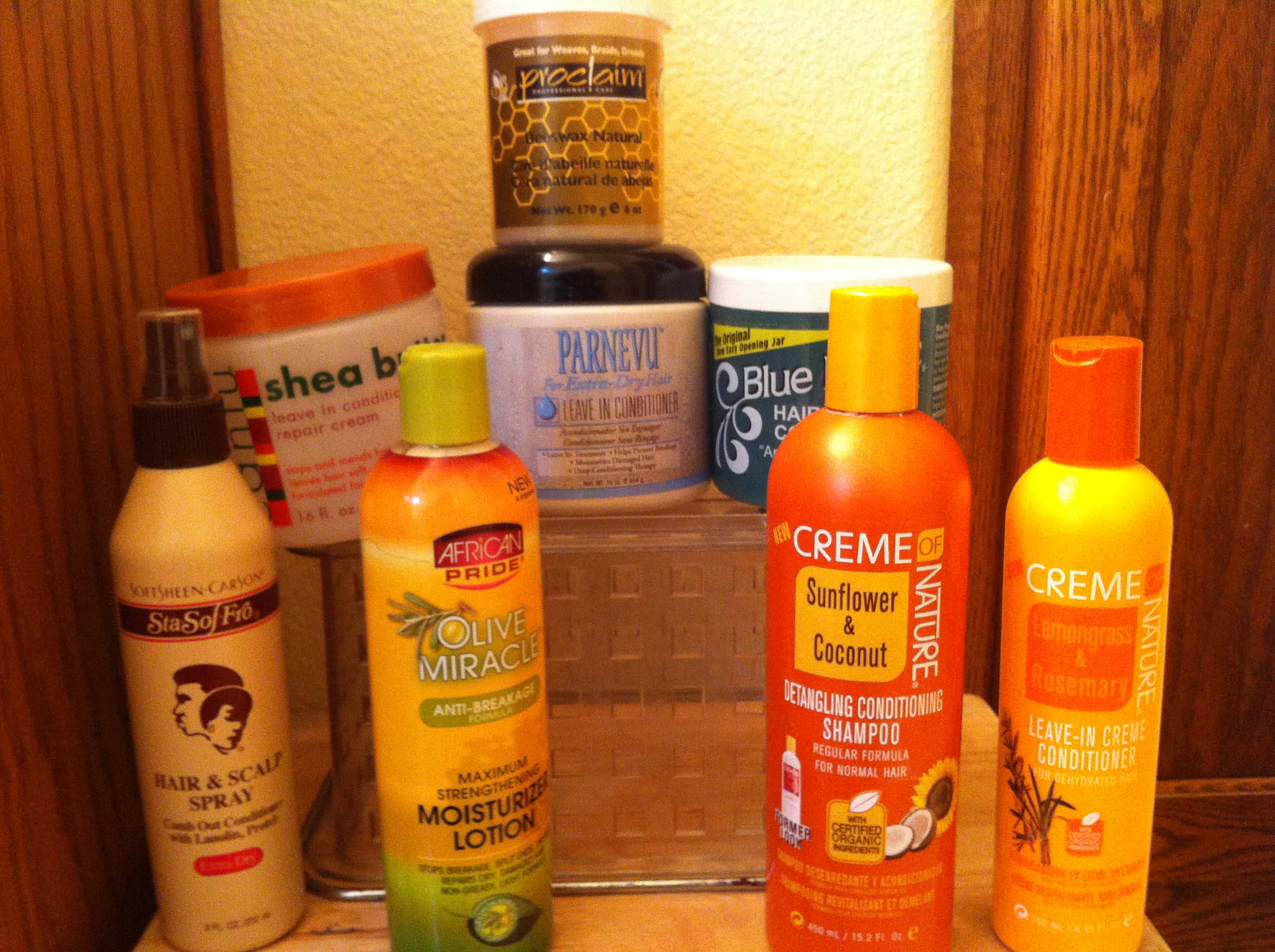 haircare, colorful natural hair care products, wooden shelf, 2K Desktop Wallpaper
