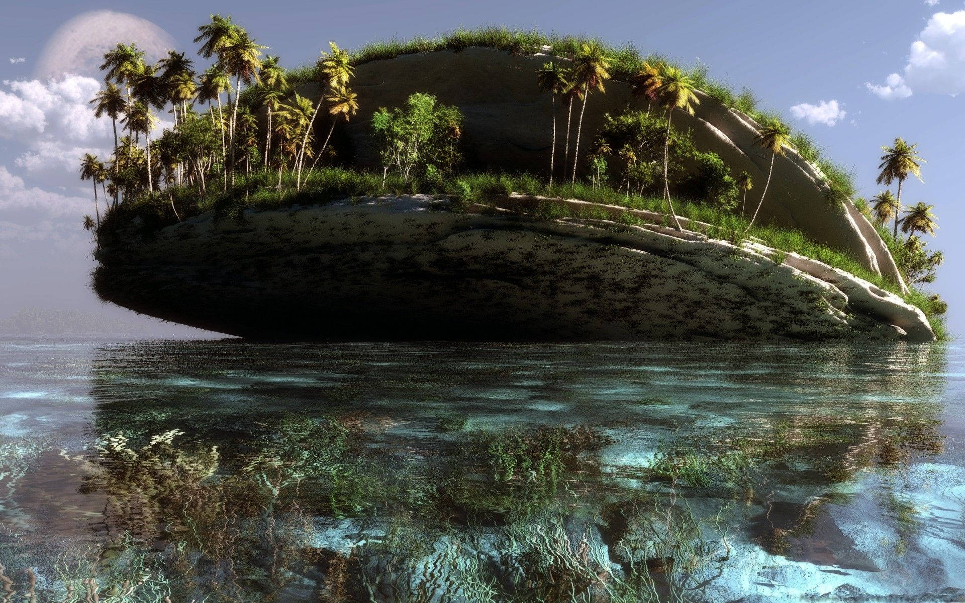 Haiti, floating tropical island, palm trees, Full HD Desktop Wallpaper