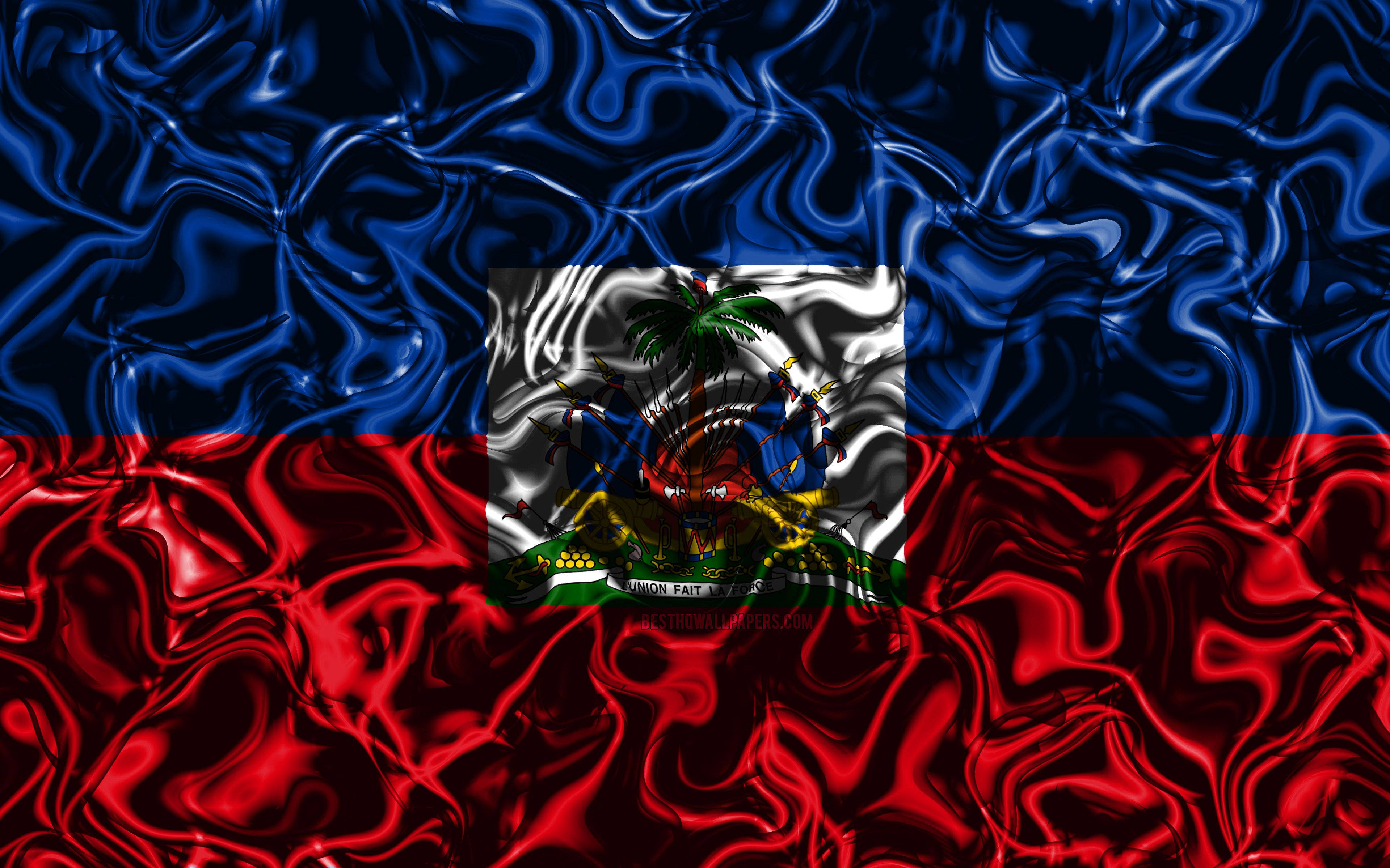 Haiti Flag, glossy red and blue wavy fabric background, metallic sheen, 4K Desktop Wallpaper