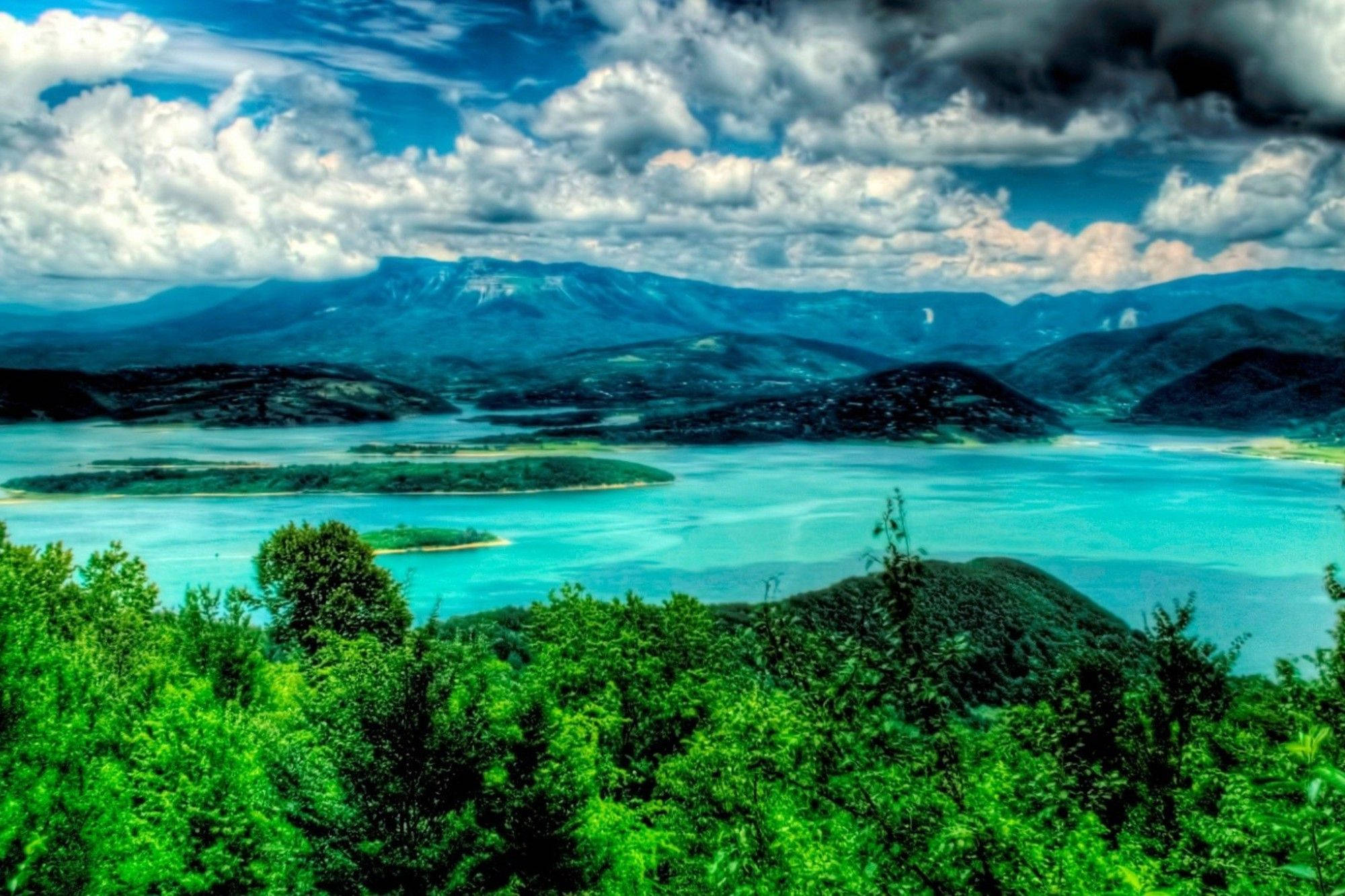 Haiti, vibrant turquoise lake, lush green forests, Full HD Desktop Wallpaper