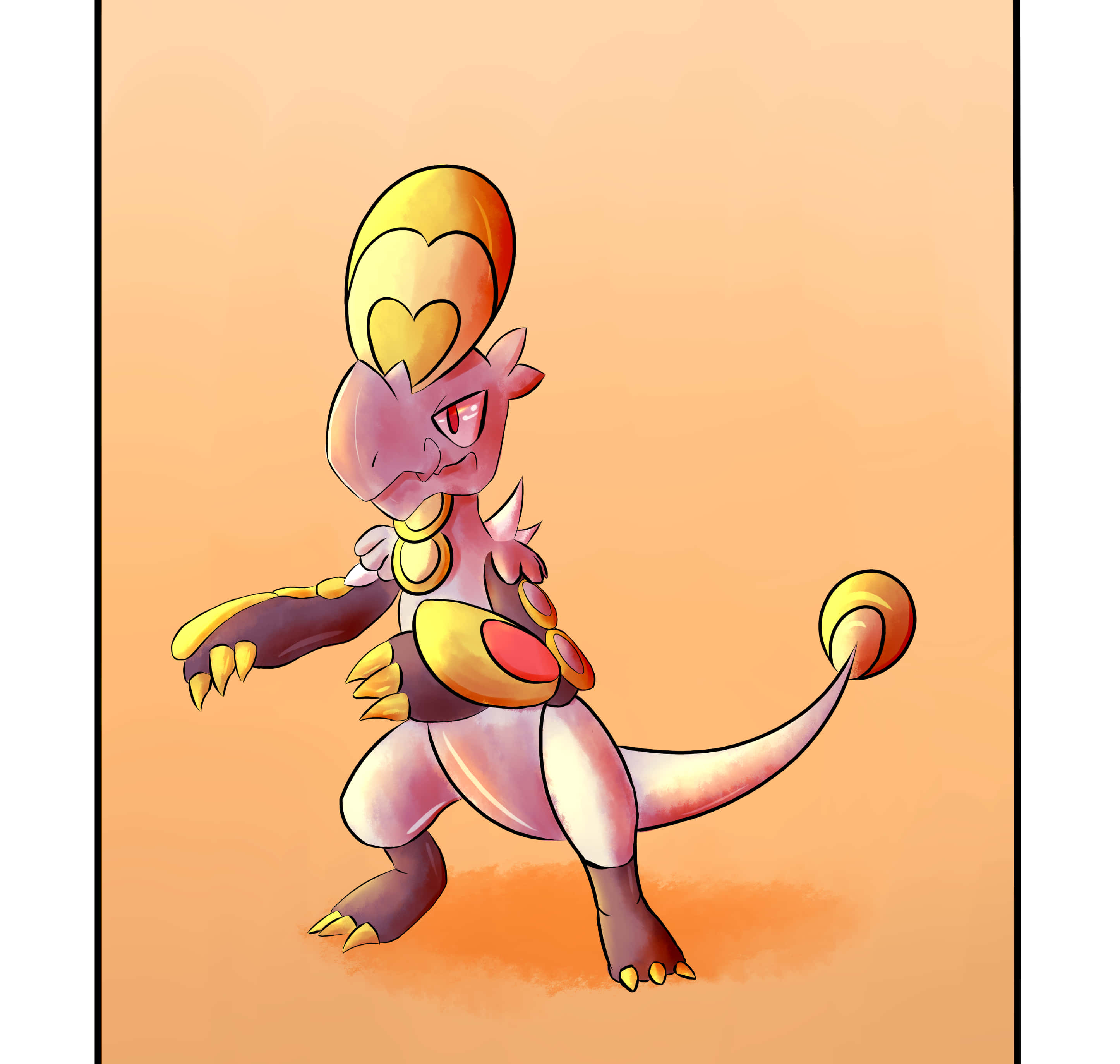 Hakamo-o, peach orange background, purple and gold dragon-like creature, 2K Desktop Wallpaper
