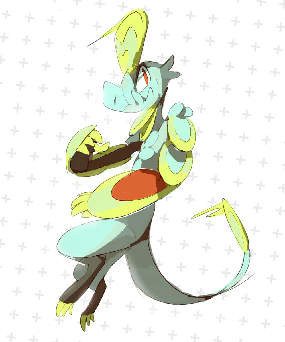 Hakamo-o, green yellow and teal scales, white crosshatch background, SD Phone Wallpaper