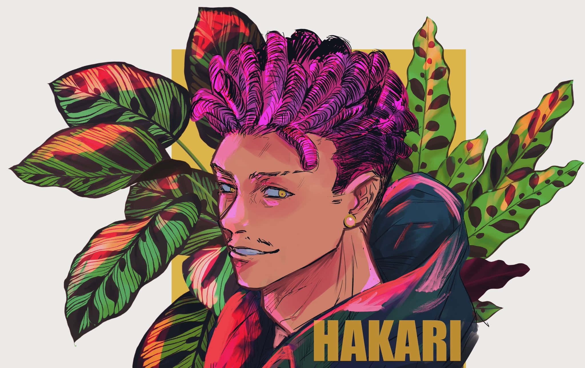 Hakari, magenta hair, colorful tropical leaves, Full HD Desktop Wallpaper